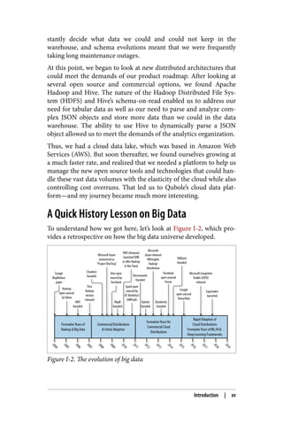 stantly decide what data we could and could not keep in the
warehouse, and schema evolutions meant that we were frequently
taking long maintenance outages.
At this point, we began to look at new distributed architectures that
could meet the demands of our product roadmap. After looking at
several open source and commercial options, we found Apache
Hadoop and Hive. The nature of the Hadoop Distributed File Sys‐
tem (HDFS) and Hive’s schema-on-read enabled us to address our
need for tabular data as well as our need to parse and analyze com‐
plex JSON objects and store more data than we could in the data
warehouse. The ability to use Hive to dynamically parse a JSON
object allowed us to meet the demands of the analytics organization.
Thus, we had a cloud data lake, which was based in Amazon Web
Services (AWS). But soon thereafter, we found ourselves growing at
a much faster rate, and realized that we needed a platform to help us
manage the new open source tools and technologies that could han‐
dle these vast data volumes with the elasticity of the cloud while also
controlling cost overruns. That led us to Qubole’s cloud data plat‐
form—and my journey became much more interesting.
A Quick History Lesson on Big Data
To understand how we got here, let’s look at Figure I-2, which pro‐
vides a retrospective on how the big data universe developed.
Figure I-2. The evolution of big data
Introduction | xv
 