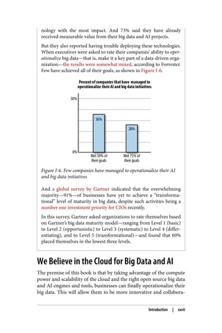 nology with the most impact. And 73% said they have already
received measurable value from their big data and AI projects.
But they also reported having trouble deploying these technologies.
When executives were asked to rate their companies’ ability to oper‐
ationalize big data—that is, make it a key part of a data-driven orga‐
nization—the results were somewhat mixed, according to Forrester.
Few have achieved all of their goals, as shown in Figure I-6.
Figure I-6. Few companies have managed to operationalize their AI
and big data initiatives
And a global survey by Gartner indicated that the overwhelming
majority—91%—of businesses have yet to achieve a “transforma‐
tional” level of maturity in big data, despite such activities being a
number one investment priority for CIOs recently.
In this survey, Gartner asked organizations to rate themselves based
on Gartner’s big data maturity model—ranging from Level 1 (basic)
to Level 2 (opportunistic) to Level 3 (systematic) to Level 4 (differ‐
entiating), and to Level 5 (transformational)—and found that 60%
placed themselves in the lowest three levels.
We Believe in the Cloud for Big Data and AI
The premise of this book is that by taking advantage of the compute
power and scalability of the cloud and the right open source big data
and AI engines and tools, businesses can finally operationalize their
big data. This will allow them to be more innovative and collabora‐
Introduction | xxvii
 