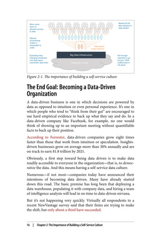 Figure 2-1. The importance of building a self-service culture
The End Goal: Becoming a Data-Driven
Organization
A data-driven business is one in which decisions are powered by
data as opposed to intuition or even personal experience. It’s one in
which people who tend to “think from their gut” are encouraged to
use hard empirical evidence to back up what they say and do. In a
data-driven company like Facebook, for example, no one would
think of showing up to an important meeting without quantifiable
facts to back up their position.
According to Forrester, data-driven companies grow eight times
faster than those that work from intuition or speculation. Insights-
driven businesses grow on average more than 30% annually and are
on track to earn $1.8 trillion by 2021.
Obviously, a first step toward being data driven is to make data
readily accessible to everyone in the organization—that is, to democ‐
ratize the data. And this means having a self-service data culture.
Numerous—if not most—companies today have announced their
intentions of becoming data driven. Many have already started
down this road. The basic premise has long been that deploying a
data warehouse, populating it with company data, and hiring a team
of intelligence analysts will lead in no time to data-driven nirvana.
But it’s not happening very quickly. Virtually all respondents to a
recent NewVantage survey said that their firms are trying to make
the shift, but only about a third have succeeded.
16 | Chapter 2: The Importance of Building a Self-Service Culture
 