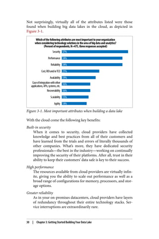 Not surprisingly, virtually all of the attributes listed were those
found when building big data lakes in the cloud, as depicted in
Figure 3-1.
Figure 3-1. Most important attributes when building a data lake
With the cloud come the following key benefits:
Built-in security
When it comes to security, cloud providers have collected
knowledge and best practices from all of their customers and
have learned from the trials and errors of literally thousands of
other companies. What’s more, they have dedicated security
professionals—the best in the industry—working on continually
improving the security of their platforms. After all, trust in their
ability to keep their customers’ data safe is key to their success.
High performance
The resources available from cloud providers are virtually infin‐
ite, giving you the ability to scale out performance as well as a
broad range of configurations for memory, processors, and stor‐
age options.
Greater reliability
As in your on-premises datacenters, cloud providers have layers
of redundancy throughout their entire technology stacks. Ser‐
vice interruptions are extraordinarily rare.
30 | Chapter 3: Getting Started Building Your Data Lake
 