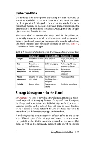 Unstructured Data
Unstructured data encompasses everything that isn’t structured or
semi-structured data. It has an internal structure but is not struc‐
tured via predefined data models or schema, and can be textual or
nontextual, human- or machine-generated. Text documents and the
different kinds of multimedia files (audio, video, photo) are all types
of unstructured data file formats.
The reason all of this matters is because a cloud data lake allows you
to quickly throw structured, semi-structured, and unstructured
datasets into it and to analyze them using the specific technologies
that make sense for each particular workload or use case. Table 4-2
compares the three data types.
Table 4-2. Qualities of structured, semi-structured, and unstructured data
Structured data Semi-structured data Unstructured data
Example RDMS tables, columnar
stores
XML, JSON, CSV Images, audio, binary, text,
PDF files
Uses Transactional or
analytical stores
Clickstream, logging Photos, songs, PDF files,
binary storage formats
Transaction
management
Mature transactions
and concurrency
Maturing transactions
and concurrency
No transaction
management or
concurrency
Version
management
Versioned over tuples,
rows, tables
Not very common;
possible over tuples
and graphs
Versioned as a whole
Flexibility Rigorous schema Flexible, tolerant
schema
Flexible due to no schema
Storage Management in the Cloud
In Chapter 5, we look at how data life cycle management is a policy-
based approach to managing the flow of a system’s data throughout
its life cycle—from creation and initial storage to the time when it
becomes obsolete and is deleted. You will need to make decisions
when it comes to where different datasets are stored and when to
move them to a different storage type or delete them.
A multitemperature data management solution refers to one system
with different types of data storage and access. In such a system
there might be data that is frequently accessed on fast storage (hot
data), as well as less frequently accessed data stored on slightly
Storage Management in the Cloud | 59
 
