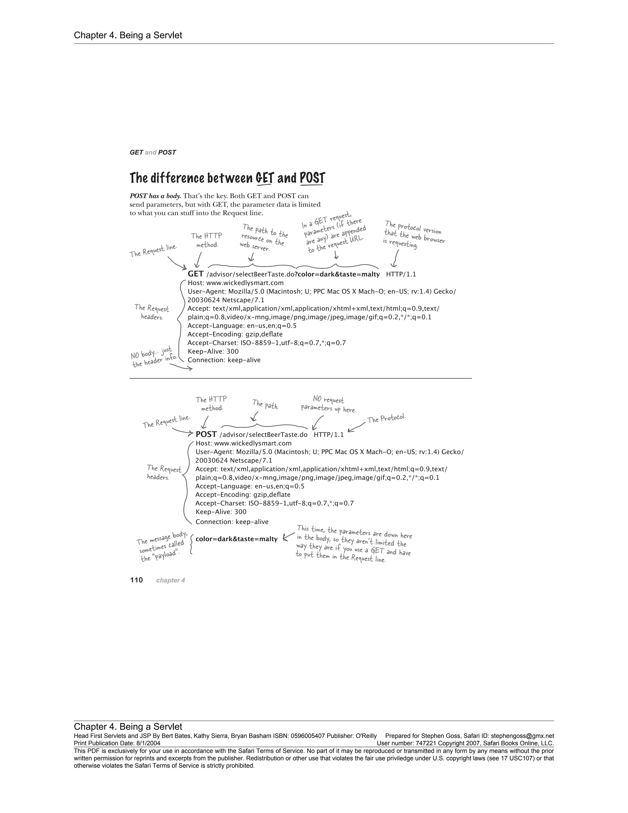 Chapter 4. Being a Servlet
Chapter 4. Being a Servlet
Head First Servlets and JSP By Bert Bates, Kathy Sierra, Bryan Basham ISBN: 0596005407 Publisher: O'Reilly Prepared for Stephen Goss, Safari ID: stephengoss@gmx.net
Print Publication Date: 8/1/2004 User number: 747221 Copyright 2007, Safari Books Online, LLC.
This PDF is exclusively for your use in accordance with the Safari Terms of Service. No part of it may be reproduced or transmitted in any form by any means without the prior
written permission for reprints and excerpts from the publisher. Redistribution or other use that violates the fair use priviledge under U.S. copyright laws (see 17 USC107) or that
otherwise violates the Safari Terms of Service is strictly prohibited.
 