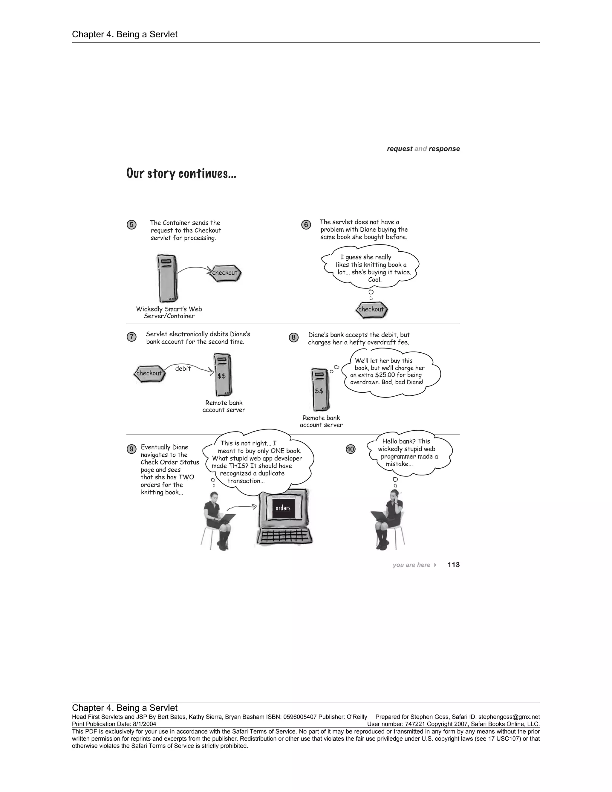 Chapter 4. Being a Servlet
Chapter 4. Being a Servlet
Head First Servlets and JSP By Bert Bates, Kathy Sierra, Bryan Basham ISBN: 0596005407 Publisher: O'Reilly Prepared for Stephen Goss, Safari ID: stephengoss@gmx.net
Print Publication Date: 8/1/2004 User number: 747221 Copyright 2007, Safari Books Online, LLC.
This PDF is exclusively for your use in accordance with the Safari Terms of Service. No part of it may be reproduced or transmitted in any form by any means without the prior
written permission for reprints and excerpts from the publisher. Redistribution or other use that violates the fair use priviledge under U.S. copyright laws (see 17 USC107) or that
otherwise violates the Safari Terms of Service is strictly prohibited.
 