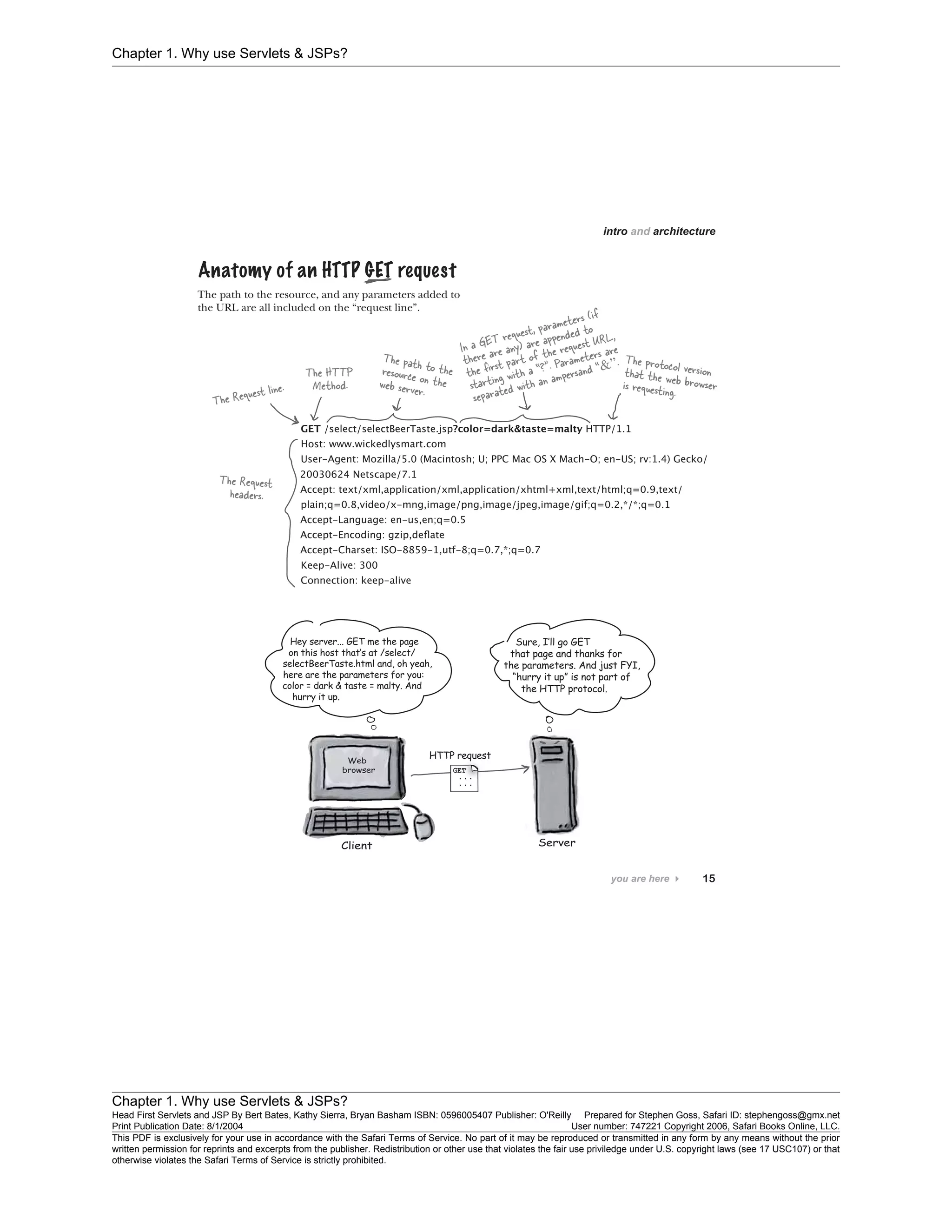 Chapter 1. Why use Servlets & JSPs?
Chapter 1. Why use Servlets & JSPs?
Head First Servlets and JSP By Bert Bates, Kathy Sierra, Bryan Basham ISBN: 0596005407 Publisher: O'Reilly Prepared for Stephen Goss, Safari ID: stephengoss@gmx.net
Print Publication Date: 8/1/2004 User number: 747221 Copyright 2006, Safari Books Online, LLC.
This PDF is exclusively for your use in accordance with the Safari Terms of Service. No part of it may be reproduced or transmitted in any form by any means without the prior
written permission for reprints and excerpts from the publisher. Redistribution or other use that violates the fair use priviledge under U.S. copyright laws (see 17 USC107) or that
otherwise violates the Safari Terms of Service is strictly prohibited.
 