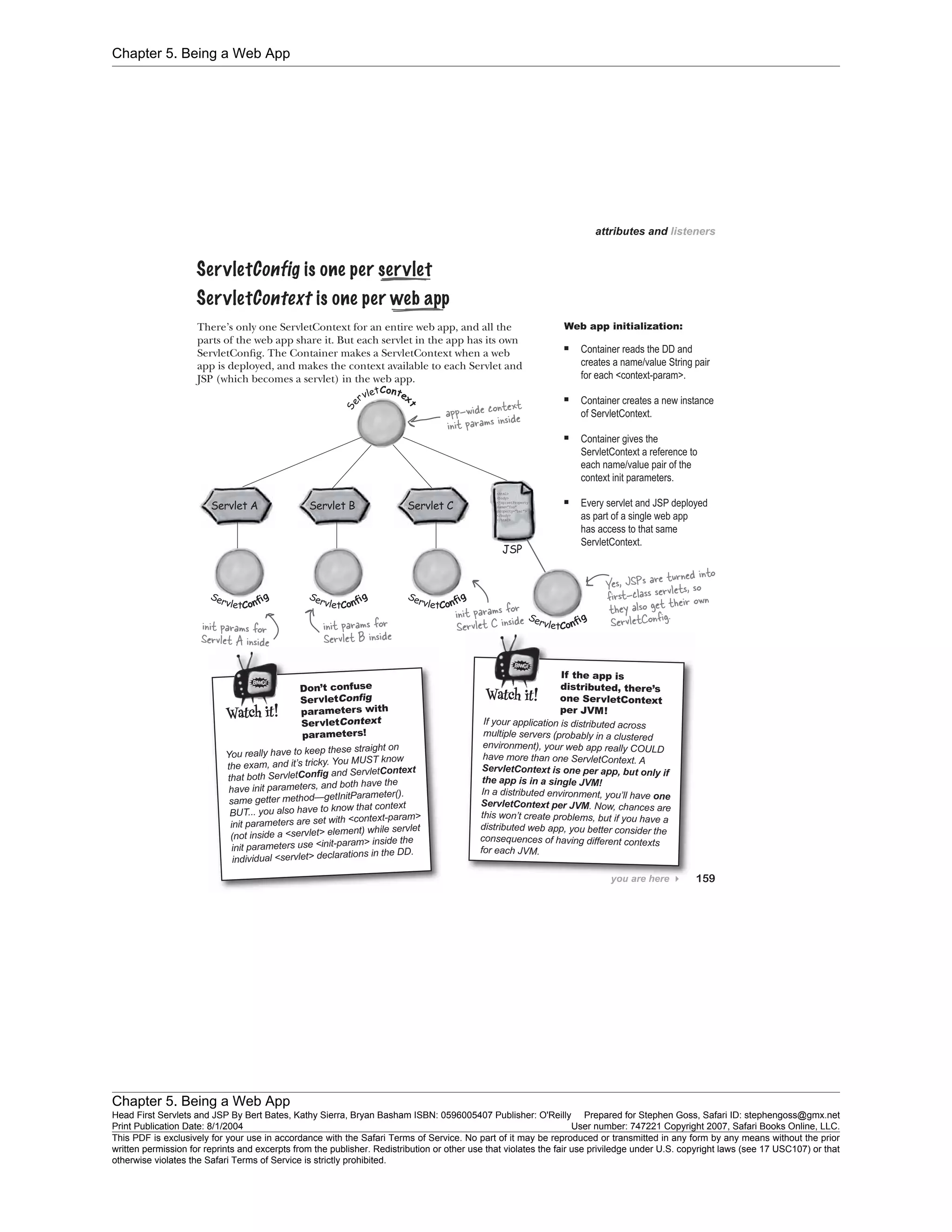 Chapter 5. Being a Web App
Chapter 5. Being a Web App
Head First Servlets and JSP By Bert Bates, Kathy Sierra, Bryan Basham ISBN: 0596005407 Publisher: O'Reilly Prepared for Stephen Goss, Safari ID: stephengoss@gmx.net
Print Publication Date: 8/1/2004 User number: 747221 Copyright 2007, Safari Books Online, LLC.
This PDF is exclusively for your use in accordance with the Safari Terms of Service. No part of it may be reproduced or transmitted in any form by any means without the prior
written permission for reprints and excerpts from the publisher. Redistribution or other use that violates the fair use priviledge under U.S. copyright laws (see 17 USC107) or that
otherwise violates the Safari Terms of Service is strictly prohibited.
 