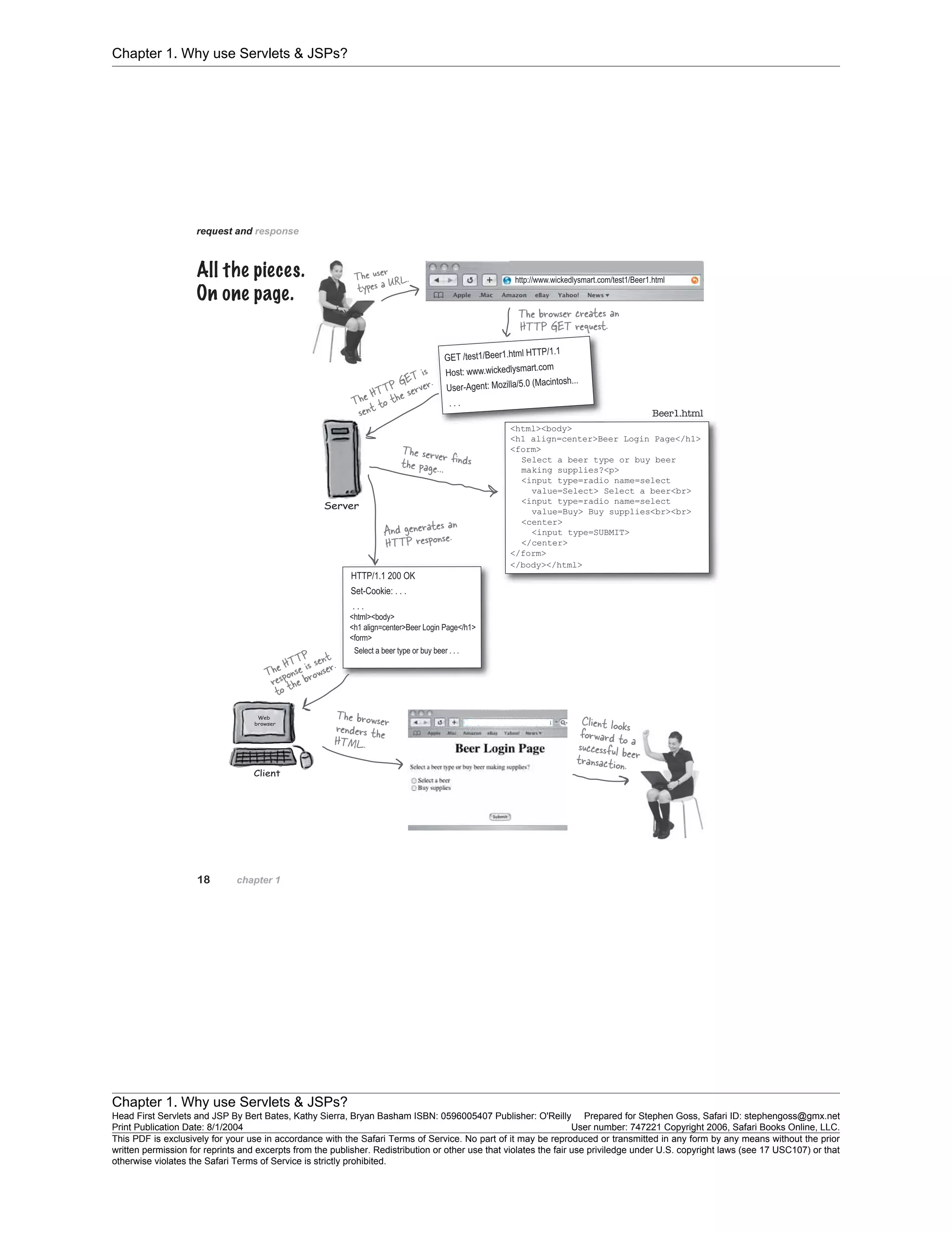 Chapter 1. Why use Servlets & JSPs?
Chapter 1. Why use Servlets & JSPs?
Head First Servlets and JSP By Bert Bates, Kathy Sierra, Bryan Basham ISBN: 0596005407 Publisher: O'Reilly Prepared for Stephen Goss, Safari ID: stephengoss@gmx.net
Print Publication Date: 8/1/2004 User number: 747221 Copyright 2006, Safari Books Online, LLC.
This PDF is exclusively for your use in accordance with the Safari Terms of Service. No part of it may be reproduced or transmitted in any form by any means without the prior
written permission for reprints and excerpts from the publisher. Redistribution or other use that violates the fair use priviledge under U.S. copyright laws (see 17 USC107) or that
otherwise violates the Safari Terms of Service is strictly prohibited.
 