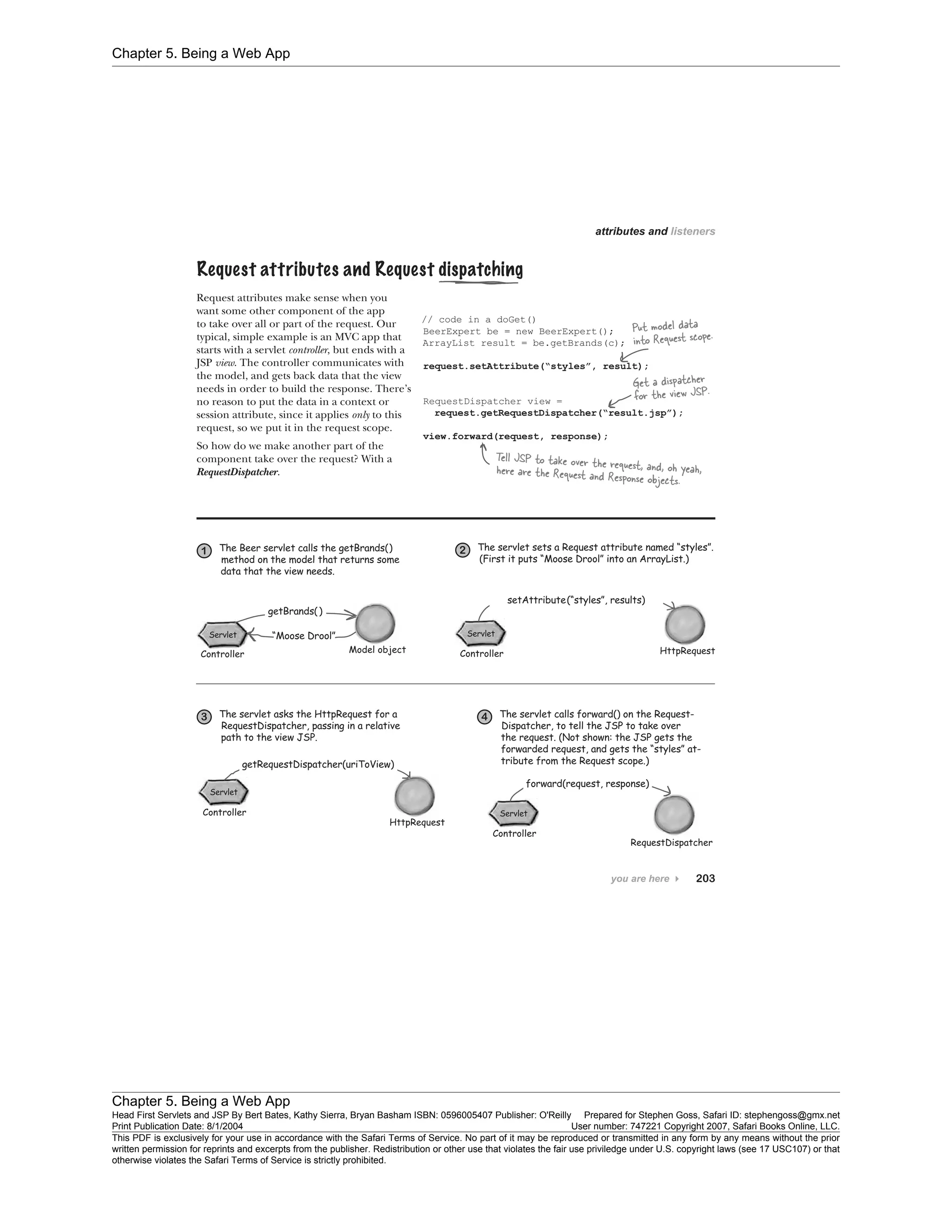Chapter 5. Being a Web App
Chapter 5. Being a Web App
Head First Servlets and JSP By Bert Bates, Kathy Sierra, Bryan Basham ISBN: 0596005407 Publisher: O'Reilly Prepared for Stephen Goss, Safari ID: stephengoss@gmx.net
Print Publication Date: 8/1/2004 User number: 747221 Copyright 2007, Safari Books Online, LLC.
This PDF is exclusively for your use in accordance with the Safari Terms of Service. No part of it may be reproduced or transmitted in any form by any means without the prior
written permission for reprints and excerpts from the publisher. Redistribution or other use that violates the fair use priviledge under U.S. copyright laws (see 17 USC107) or that
otherwise violates the Safari Terms of Service is strictly prohibited.
 