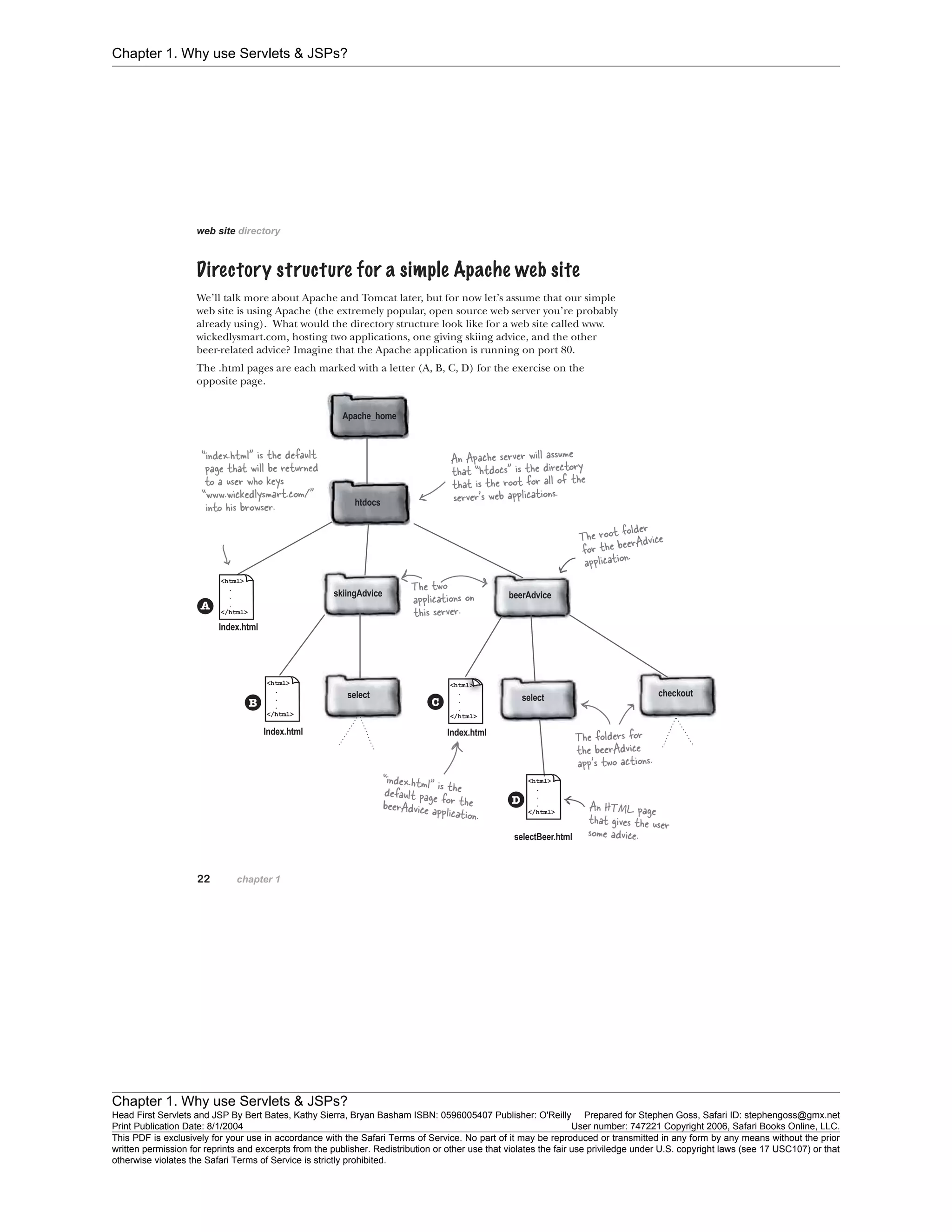 Chapter 1. Why use Servlets & JSPs?
Chapter 1. Why use Servlets & JSPs?
Head First Servlets and JSP By Bert Bates, Kathy Sierra, Bryan Basham ISBN: 0596005407 Publisher: O'Reilly Prepared for Stephen Goss, Safari ID: stephengoss@gmx.net
Print Publication Date: 8/1/2004 User number: 747221 Copyright 2006, Safari Books Online, LLC.
This PDF is exclusively for your use in accordance with the Safari Terms of Service. No part of it may be reproduced or transmitted in any form by any means without the prior
written permission for reprints and excerpts from the publisher. Redistribution or other use that violates the fair use priviledge under U.S. copyright laws (see 17 USC107) or that
otherwise violates the Safari Terms of Service is strictly prohibited.
 