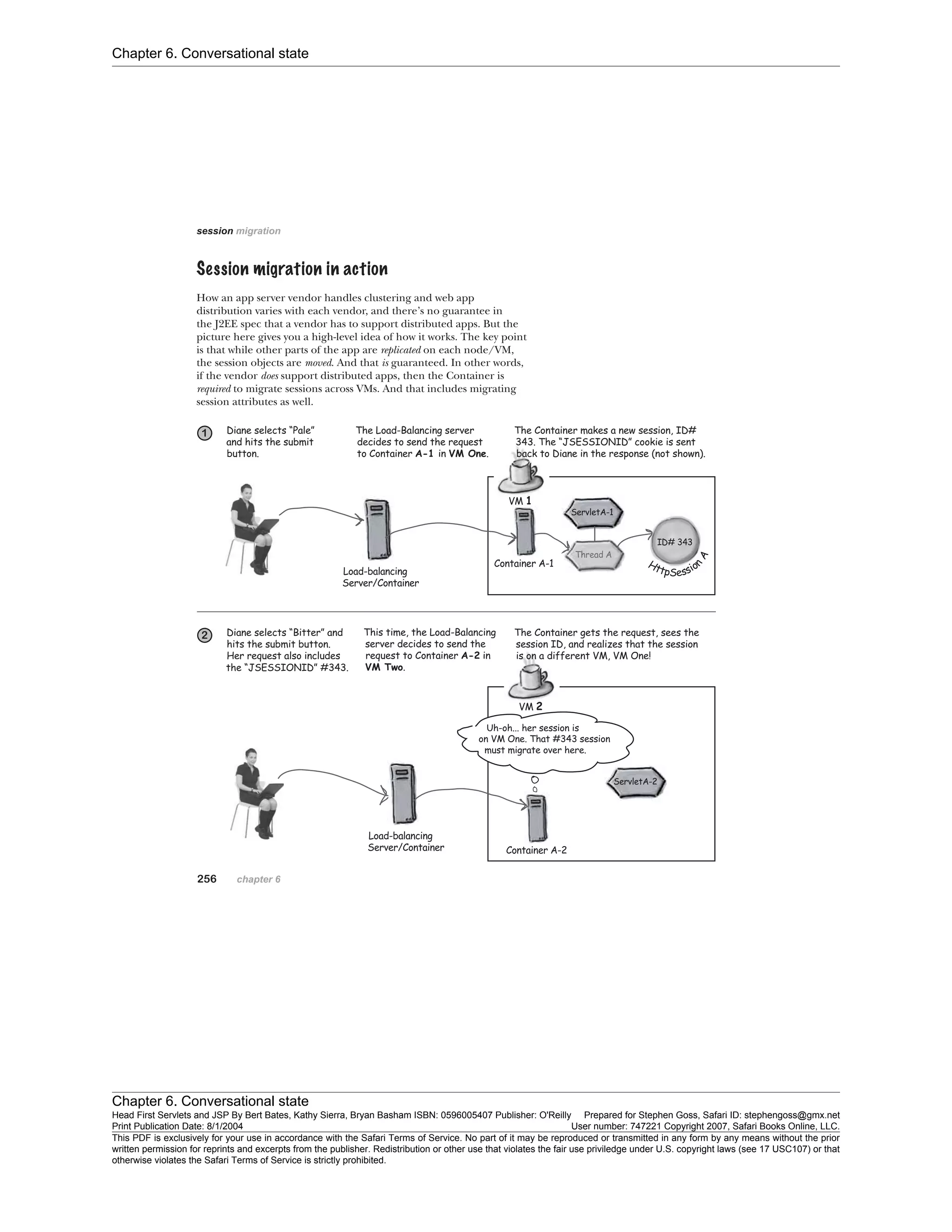 Chapter 6. Conversational state
Chapter 6. Conversational state
Head First Servlets and JSP By Bert Bates, Kathy Sierra, Bryan Basham ISBN: 0596005407 Publisher: O'Reilly Prepared for Stephen Goss, Safari ID: stephengoss@gmx.net
Print Publication Date: 8/1/2004 User number: 747221 Copyright 2007, Safari Books Online, LLC.
This PDF is exclusively for your use in accordance with the Safari Terms of Service. No part of it may be reproduced or transmitted in any form by any means without the prior
written permission for reprints and excerpts from the publisher. Redistribution or other use that violates the fair use priviledge under U.S. copyright laws (see 17 USC107) or that
otherwise violates the Safari Terms of Service is strictly prohibited.
 