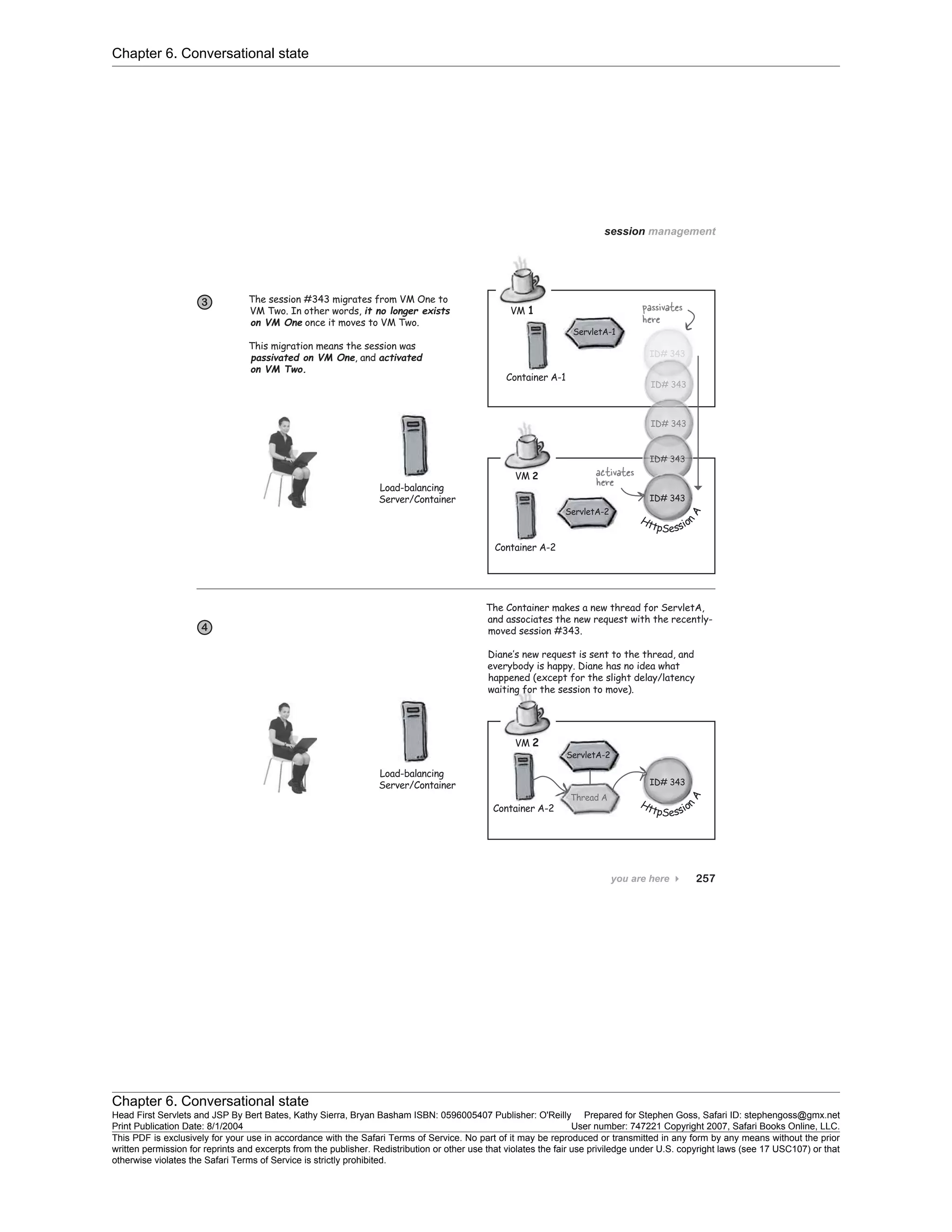 Chapter 6. Conversational state
Chapter 6. Conversational state
Head First Servlets and JSP By Bert Bates, Kathy Sierra, Bryan Basham ISBN: 0596005407 Publisher: O'Reilly Prepared for Stephen Goss, Safari ID: stephengoss@gmx.net
Print Publication Date: 8/1/2004 User number: 747221 Copyright 2007, Safari Books Online, LLC.
This PDF is exclusively for your use in accordance with the Safari Terms of Service. No part of it may be reproduced or transmitted in any form by any means without the prior
written permission for reprints and excerpts from the publisher. Redistribution or other use that violates the fair use priviledge under U.S. copyright laws (see 17 USC107) or that
otherwise violates the Safari Terms of Service is strictly prohibited.
 
