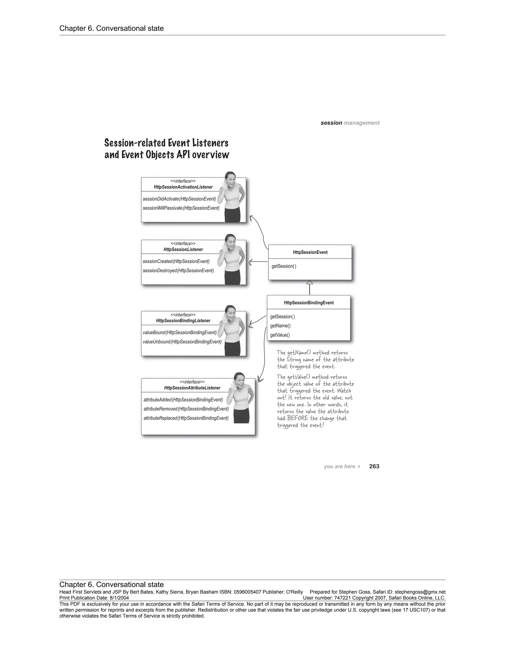 Chapter 6. Conversational state
Chapter 6. Conversational state
Head First Servlets and JSP By Bert Bates, Kathy Sierra, Bryan Basham ISBN: 0596005407 Publisher: O'Reilly Prepared for Stephen Goss, Safari ID: stephengoss@gmx.net
Print Publication Date: 8/1/2004 User number: 747221 Copyright 2007, Safari Books Online, LLC.
This PDF is exclusively for your use in accordance with the Safari Terms of Service. No part of it may be reproduced or transmitted in any form by any means without the prior
written permission for reprints and excerpts from the publisher. Redistribution or other use that violates the fair use priviledge under U.S. copyright laws (see 17 USC107) or that
otherwise violates the Safari Terms of Service is strictly prohibited.
 