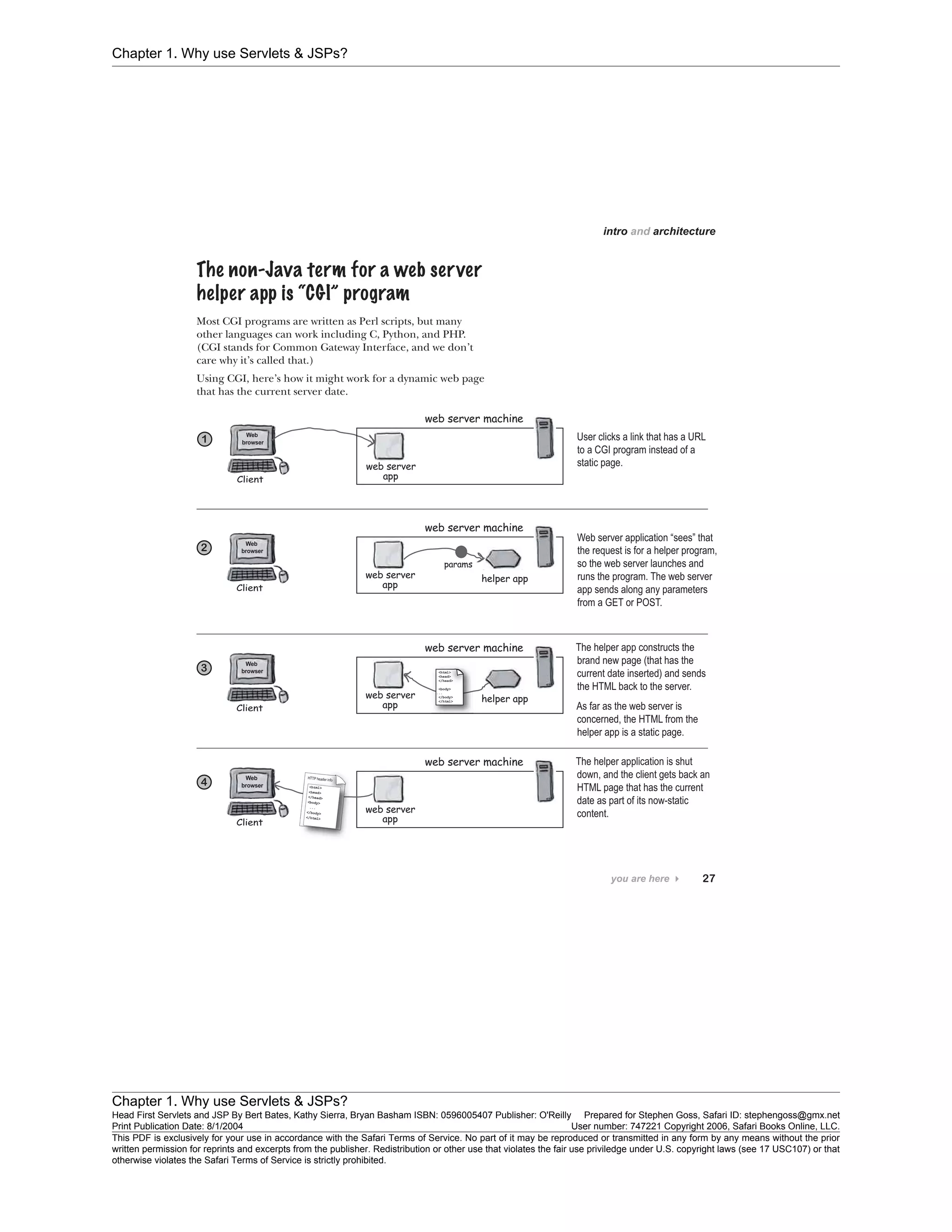 Chapter 1. Why use Servlets & JSPs?
Chapter 1. Why use Servlets & JSPs?
Head First Servlets and JSP By Bert Bates, Kathy Sierra, Bryan Basham ISBN: 0596005407 Publisher: O'Reilly Prepared for Stephen Goss, Safari ID: stephengoss@gmx.net
Print Publication Date: 8/1/2004 User number: 747221 Copyright 2006, Safari Books Online, LLC.
This PDF is exclusively for your use in accordance with the Safari Terms of Service. No part of it may be reproduced or transmitted in any form by any means without the prior
written permission for reprints and excerpts from the publisher. Redistribution or other use that violates the fair use priviledge under U.S. copyright laws (see 17 USC107) or that
otherwise violates the Safari Terms of Service is strictly prohibited.
 