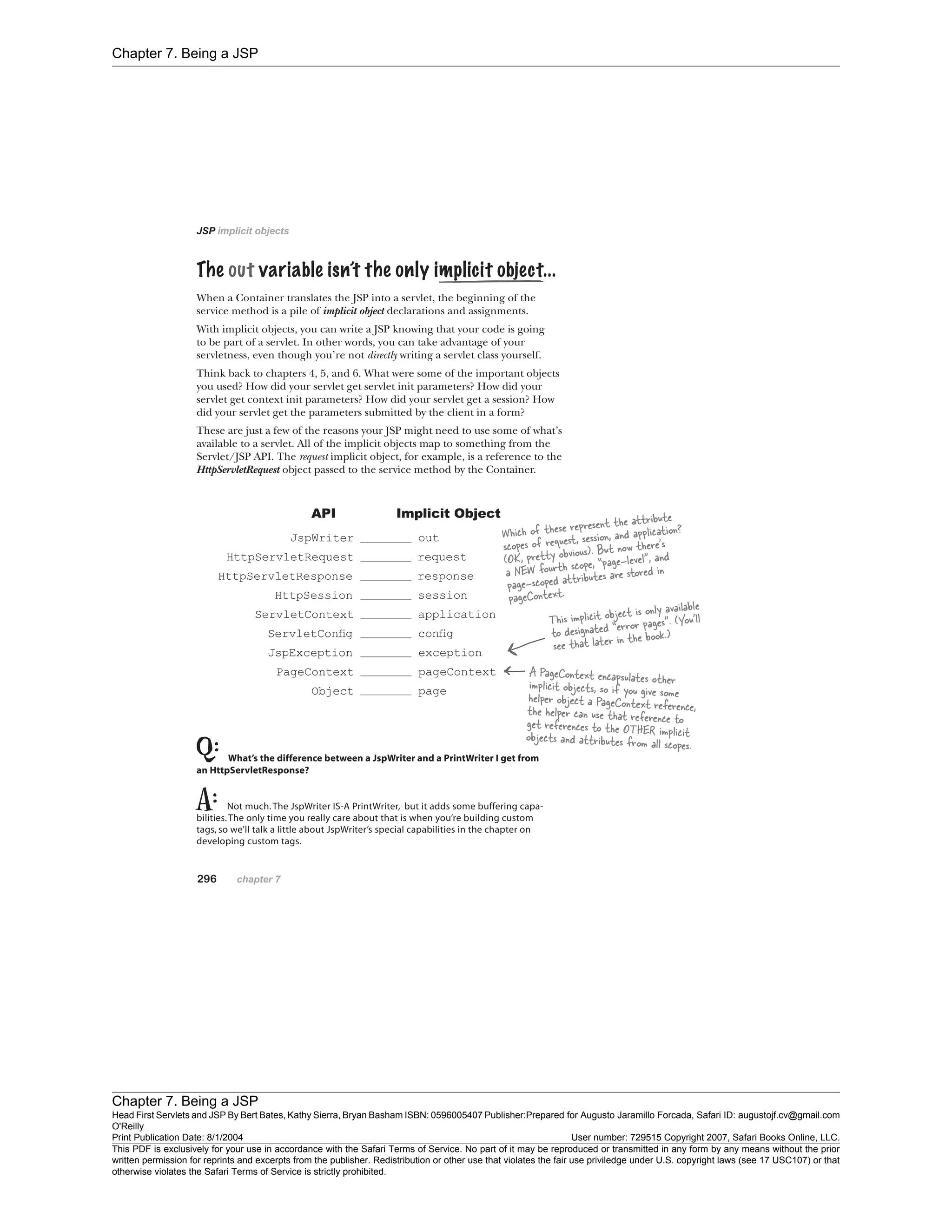 Chapter 7. Being a JSP
Chapter 7. Being a JSP
Head First Servlets and JSP By Bert Bates, Kathy Sierra, Bryan Basham ISBN: 0596005407 Publisher:
O'Reilly
Prepared for Augusto Jaramillo Forcada, Safari ID: augustojf.cv@gmail.com
Print Publication Date: 8/1/2004 User number: 729515 Copyright 2007, Safari Books Online, LLC.
This PDF is exclusively for your use in accordance with the Safari Terms of Service. No part of it may be reproduced or transmitted in any form by any means without the prior
written permission for reprints and excerpts from the publisher. Redistribution or other use that violates the fair use priviledge under U.S. copyright laws (see 17 USC107) or that
otherwise violates the Safari Terms of Service is strictly prohibited.
 