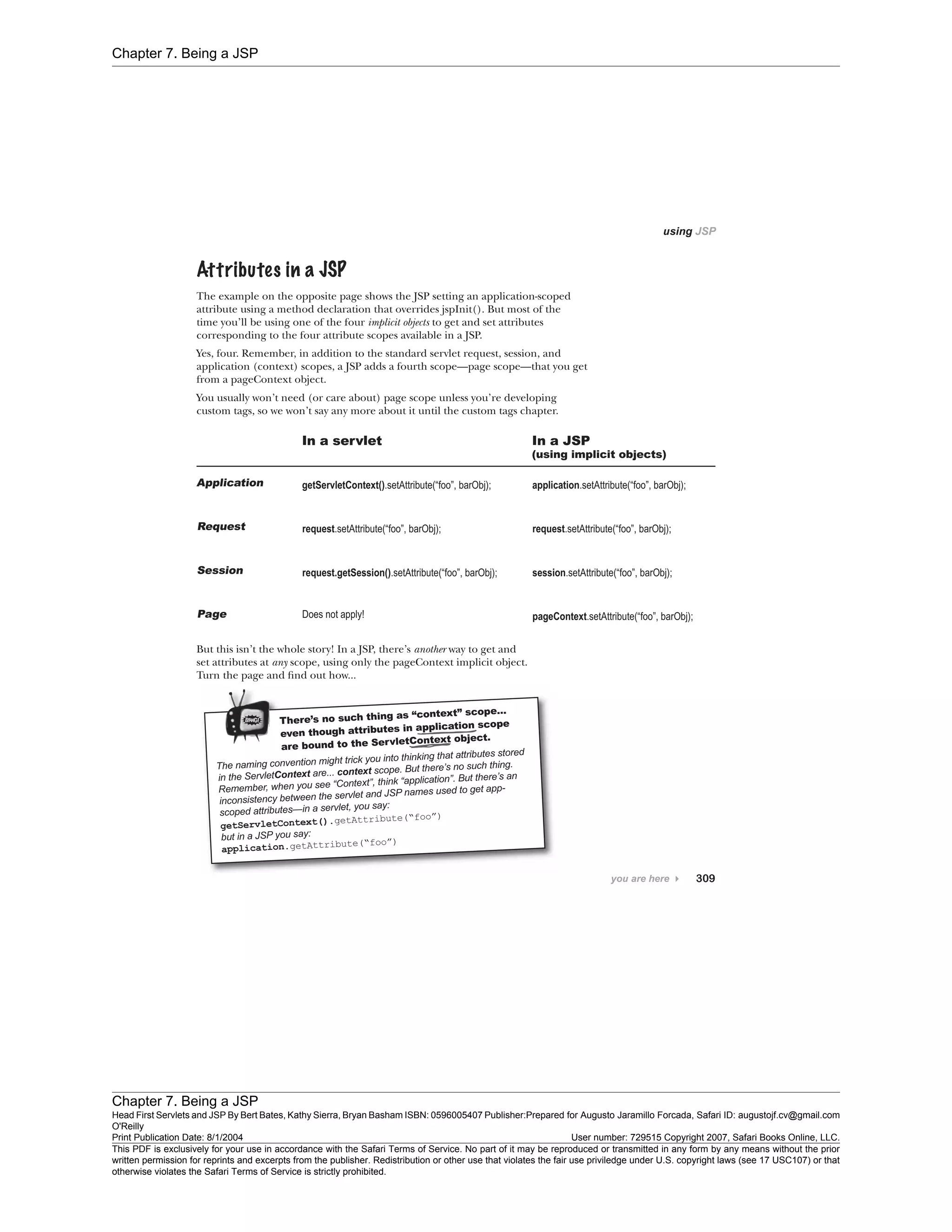 Chapter 7. Being a JSP
Chapter 7. Being a JSP
Head First Servlets and JSP By Bert Bates, Kathy Sierra, Bryan Basham ISBN: 0596005407 Publisher:
O'Reilly
Prepared for Augusto Jaramillo Forcada, Safari ID: augustojf.cv@gmail.com
Print Publication Date: 8/1/2004 User number: 729515 Copyright 2007, Safari Books Online, LLC.
This PDF is exclusively for your use in accordance with the Safari Terms of Service. No part of it may be reproduced or transmitted in any form by any means without the prior
written permission for reprints and excerpts from the publisher. Redistribution or other use that violates the fair use priviledge under U.S. copyright laws (see 17 USC107) or that
otherwise violates the Safari Terms of Service is strictly prohibited.
 