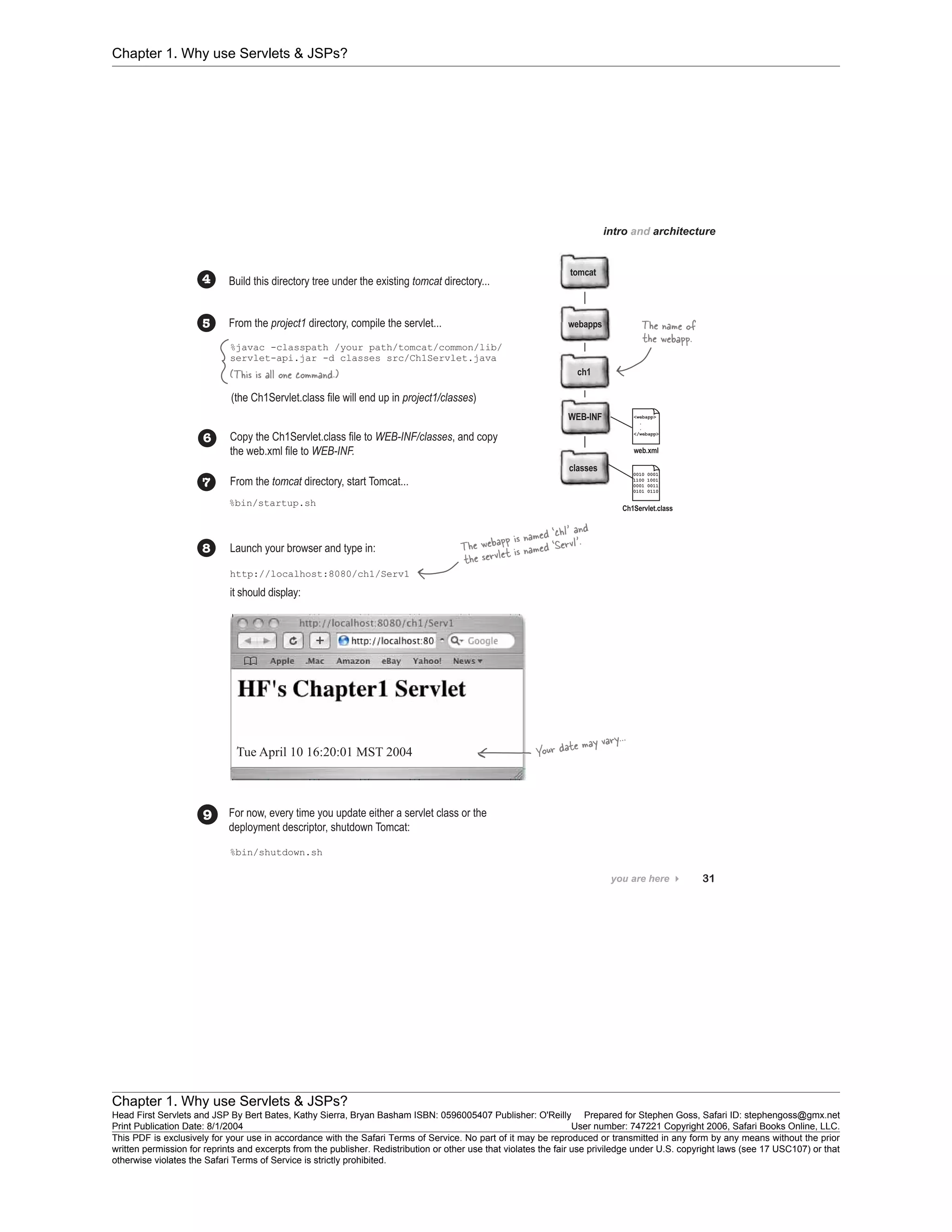 Chapter 1. Why use Servlets & JSPs?
Chapter 1. Why use Servlets & JSPs?
Head First Servlets and JSP By Bert Bates, Kathy Sierra, Bryan Basham ISBN: 0596005407 Publisher: O'Reilly Prepared for Stephen Goss, Safari ID: stephengoss@gmx.net
Print Publication Date: 8/1/2004 User number: 747221 Copyright 2006, Safari Books Online, LLC.
This PDF is exclusively for your use in accordance with the Safari Terms of Service. No part of it may be reproduced or transmitted in any form by any means without the prior
written permission for reprints and excerpts from the publisher. Redistribution or other use that violates the fair use priviledge under U.S. copyright laws (see 17 USC107) or that
otherwise violates the Safari Terms of Service is strictly prohibited.
 
