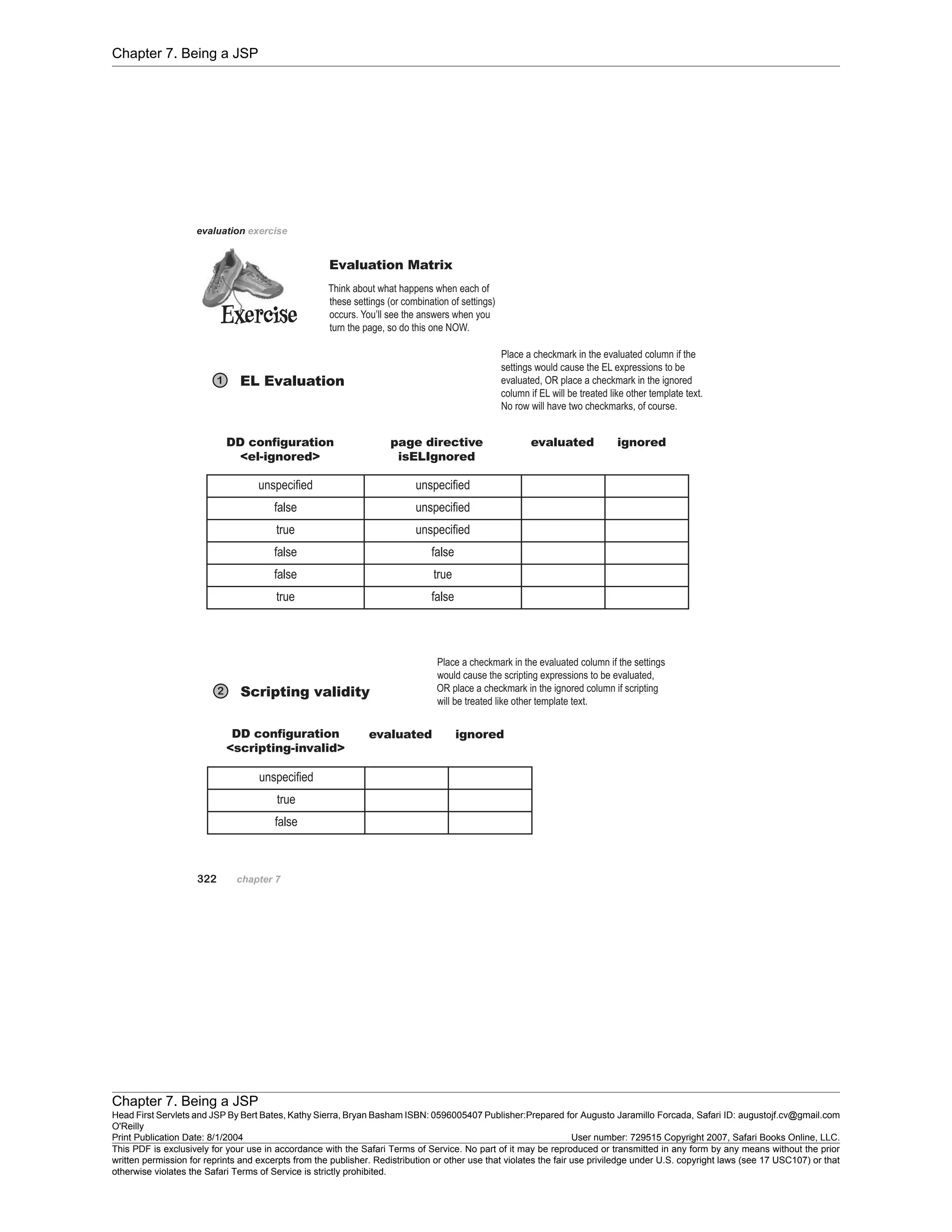 Chapter 7. Being a JSP
Chapter 7. Being a JSP
Head First Servlets and JSP By Bert Bates, Kathy Sierra, Bryan Basham ISBN: 0596005407 Publisher:
O'Reilly
Prepared for Augusto Jaramillo Forcada, Safari ID: augustojf.cv@gmail.com
Print Publication Date: 8/1/2004 User number: 729515 Copyright 2007, Safari Books Online, LLC.
This PDF is exclusively for your use in accordance with the Safari Terms of Service. No part of it may be reproduced or transmitted in any form by any means without the prior
written permission for reprints and excerpts from the publisher. Redistribution or other use that violates the fair use priviledge under U.S. copyright laws (see 17 USC107) or that
otherwise violates the Safari Terms of Service is strictly prohibited.
 