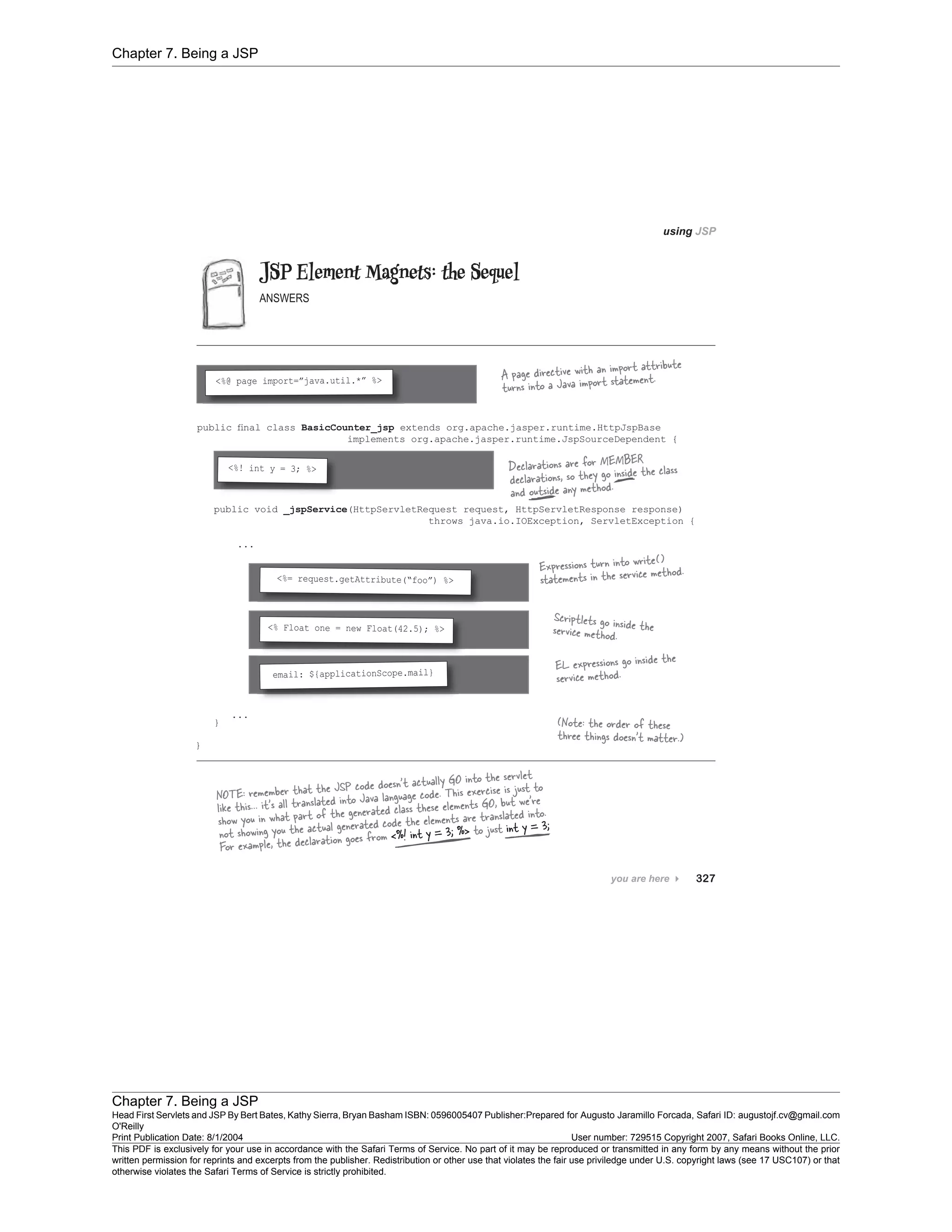 Chapter 7. Being a JSP
Chapter 7. Being a JSP
Head First Servlets and JSP By Bert Bates, Kathy Sierra, Bryan Basham ISBN: 0596005407 Publisher:
O'Reilly
Prepared for Augusto Jaramillo Forcada, Safari ID: augustojf.cv@gmail.com
Print Publication Date: 8/1/2004 User number: 729515 Copyright 2007, Safari Books Online, LLC.
This PDF is exclusively for your use in accordance with the Safari Terms of Service. No part of it may be reproduced or transmitted in any form by any means without the prior
written permission for reprints and excerpts from the publisher. Redistribution or other use that violates the fair use priviledge under U.S. copyright laws (see 17 USC107) or that
otherwise violates the Safari Terms of Service is strictly prohibited.
 