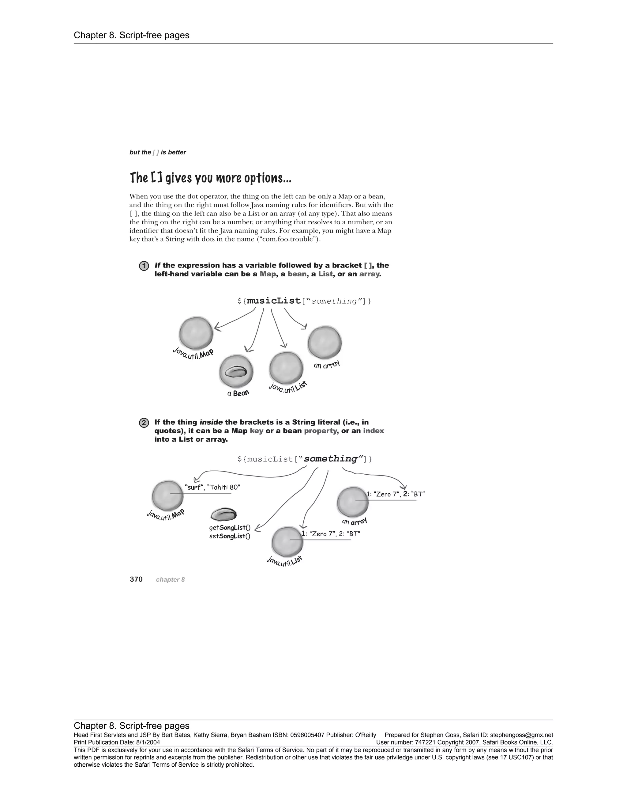 Chapter 8. Script-free pages
Chapter 8. Script-free pages
Head First Servlets and JSP By Bert Bates, Kathy Sierra, Bryan Basham ISBN: 0596005407 Publisher: O'Reilly Prepared for Stephen Goss, Safari ID: stephengoss@gmx.net
Print Publication Date: 8/1/2004 User number: 747221 Copyright 2007, Safari Books Online, LLC.
This PDF is exclusively for your use in accordance with the Safari Terms of Service. No part of it may be reproduced or transmitted in any form by any means without the prior
written permission for reprints and excerpts from the publisher. Redistribution or other use that violates the fair use priviledge under U.S. copyright laws (see 17 USC107) or that
otherwise violates the Safari Terms of Service is strictly prohibited.
 