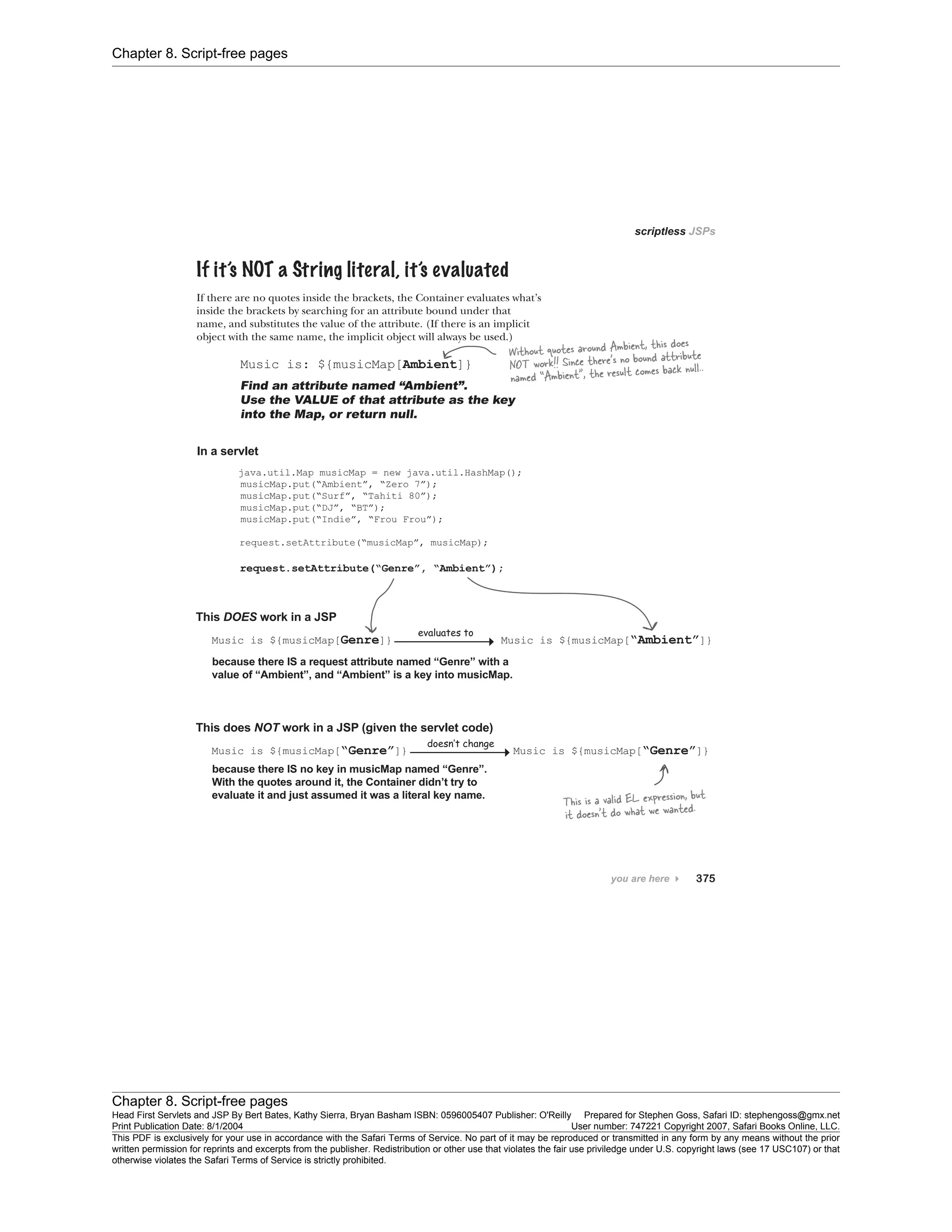 Chapter 8. Script-free pages
Chapter 8. Script-free pages
Head First Servlets and JSP By Bert Bates, Kathy Sierra, Bryan Basham ISBN: 0596005407 Publisher: O'Reilly Prepared for Stephen Goss, Safari ID: stephengoss@gmx.net
Print Publication Date: 8/1/2004 User number: 747221 Copyright 2007, Safari Books Online, LLC.
This PDF is exclusively for your use in accordance with the Safari Terms of Service. No part of it may be reproduced or transmitted in any form by any means without the prior
written permission for reprints and excerpts from the publisher. Redistribution or other use that violates the fair use priviledge under U.S. copyright laws (see 17 USC107) or that
otherwise violates the Safari Terms of Service is strictly prohibited.
 