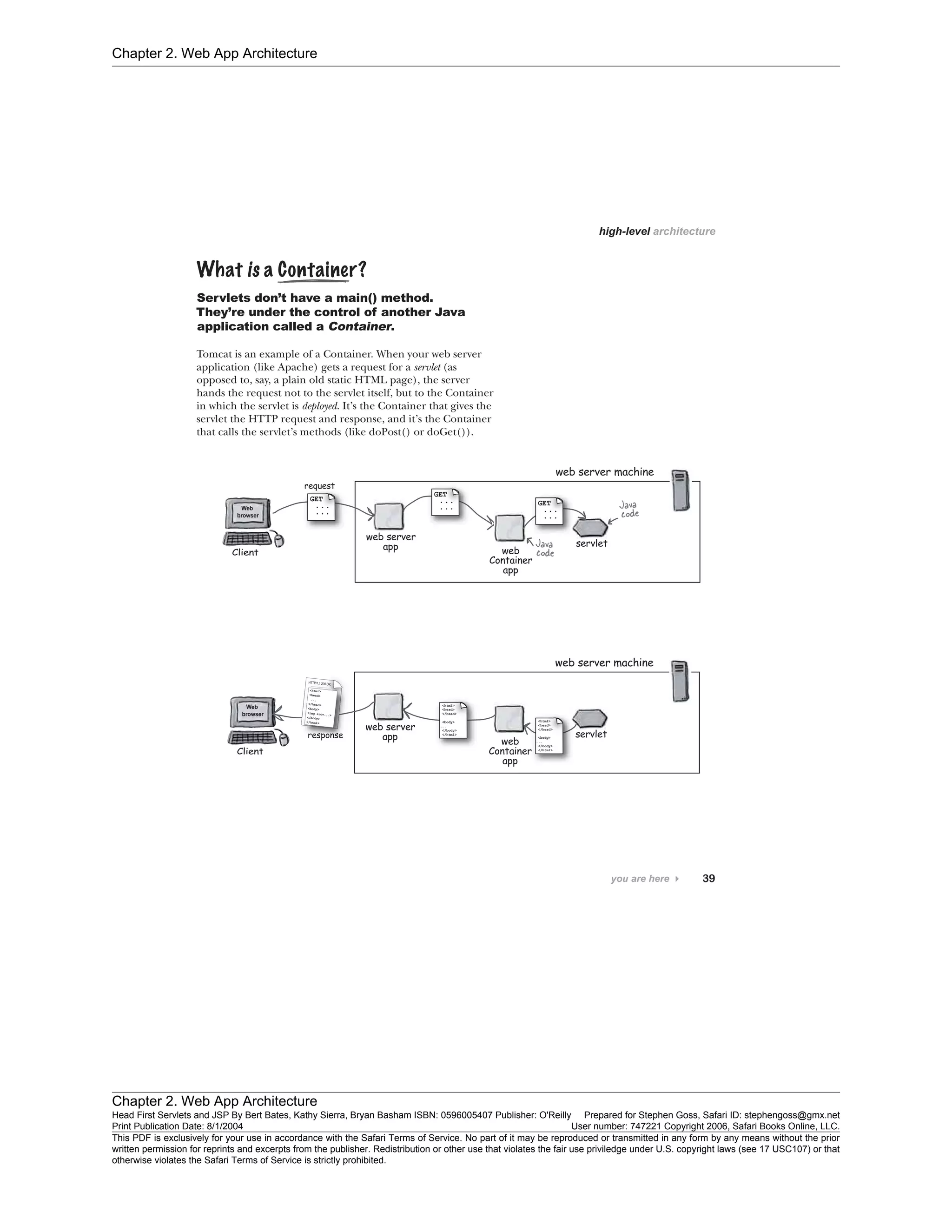 Chapter 2. Web App Architecture
Chapter 2. Web App Architecture
Head First Servlets and JSP By Bert Bates, Kathy Sierra, Bryan Basham ISBN: 0596005407 Publisher: O'Reilly Prepared for Stephen Goss, Safari ID: stephengoss@gmx.net
Print Publication Date: 8/1/2004 User number: 747221 Copyright 2006, Safari Books Online, LLC.
This PDF is exclusively for your use in accordance with the Safari Terms of Service. No part of it may be reproduced or transmitted in any form by any means without the prior
written permission for reprints and excerpts from the publisher. Redistribution or other use that violates the fair use priviledge under U.S. copyright laws (see 17 USC107) or that
otherwise violates the Safari Terms of Service is strictly prohibited.
 