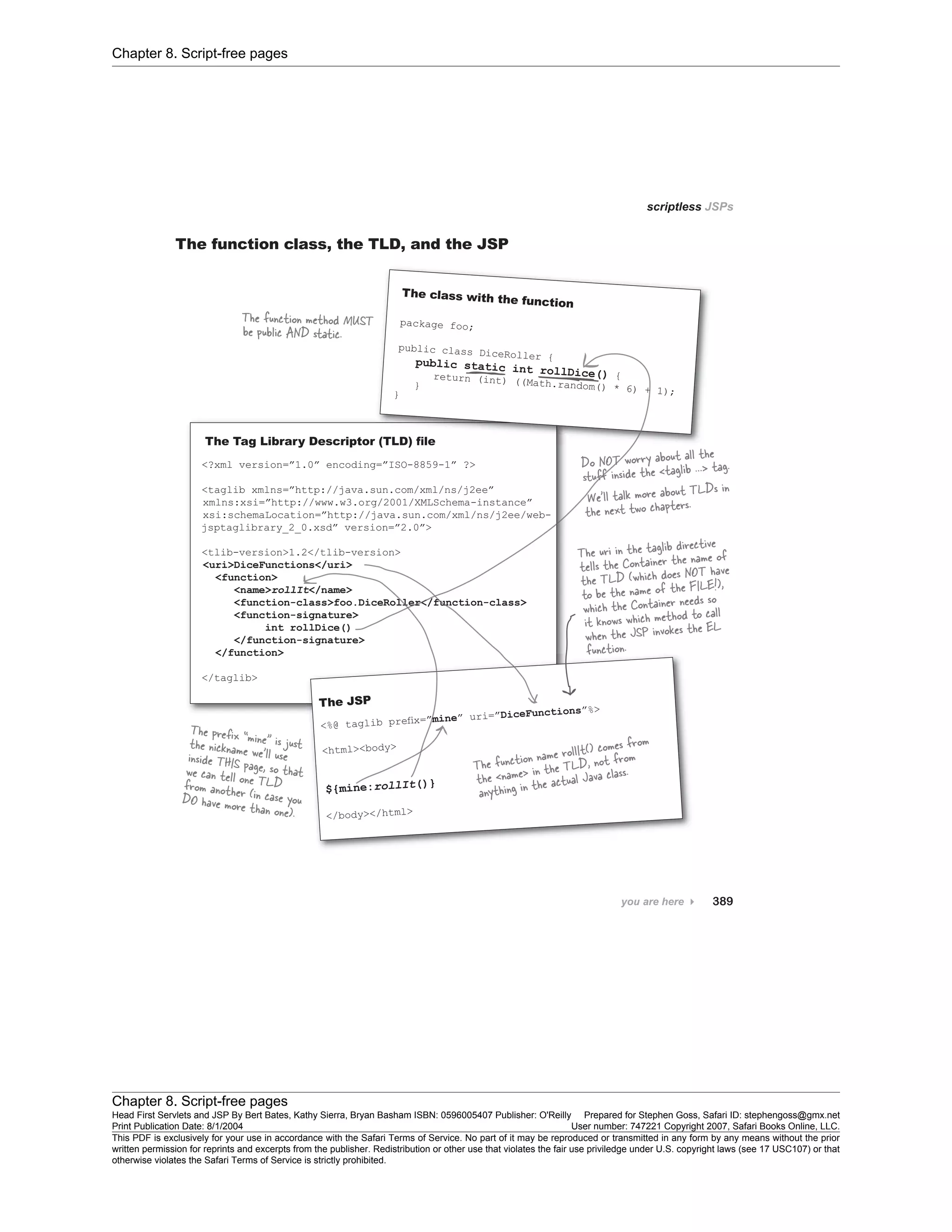 Chapter 8. Script-free pages
Chapter 8. Script-free pages
Head First Servlets and JSP By Bert Bates, Kathy Sierra, Bryan Basham ISBN: 0596005407 Publisher: O'Reilly Prepared for Stephen Goss, Safari ID: stephengoss@gmx.net
Print Publication Date: 8/1/2004 User number: 747221 Copyright 2007, Safari Books Online, LLC.
This PDF is exclusively for your use in accordance with the Safari Terms of Service. No part of it may be reproduced or transmitted in any form by any means without the prior
written permission for reprints and excerpts from the publisher. Redistribution or other use that violates the fair use priviledge under U.S. copyright laws (see 17 USC107) or that
otherwise violates the Safari Terms of Service is strictly prohibited.
 