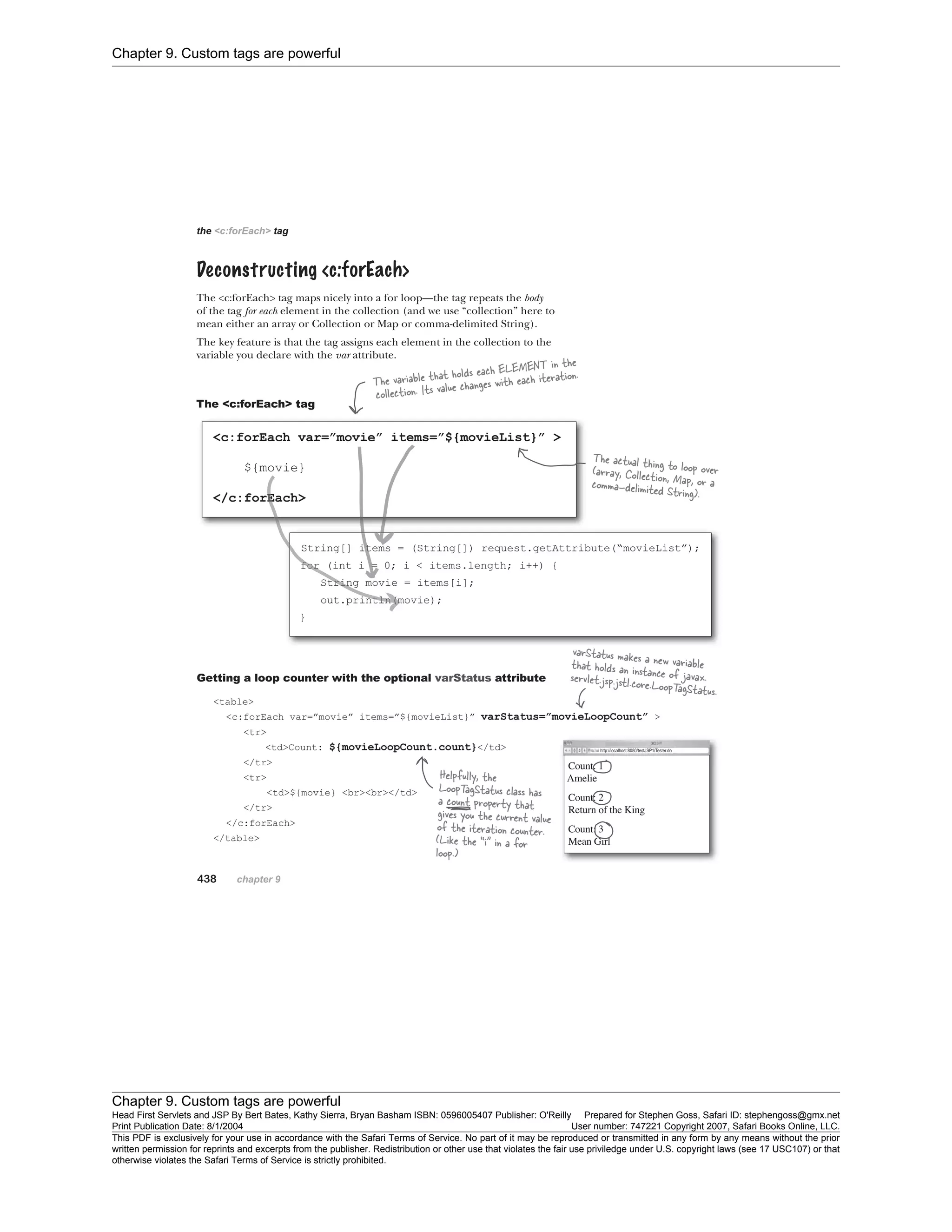 Chapter 9. Custom tags are powerful
Chapter 9. Custom tags are powerful
Head First Servlets and JSP By Bert Bates, Kathy Sierra, Bryan Basham ISBN: 0596005407 Publisher: O'Reilly Prepared for Stephen Goss, Safari ID: stephengoss@gmx.net
Print Publication Date: 8/1/2004 User number: 747221 Copyright 2007, Safari Books Online, LLC.
This PDF is exclusively for your use in accordance with the Safari Terms of Service. No part of it may be reproduced or transmitted in any form by any means without the prior
written permission for reprints and excerpts from the publisher. Redistribution or other use that violates the fair use priviledge under U.S. copyright laws (see 17 USC107) or that
otherwise violates the Safari Terms of Service is strictly prohibited.
 