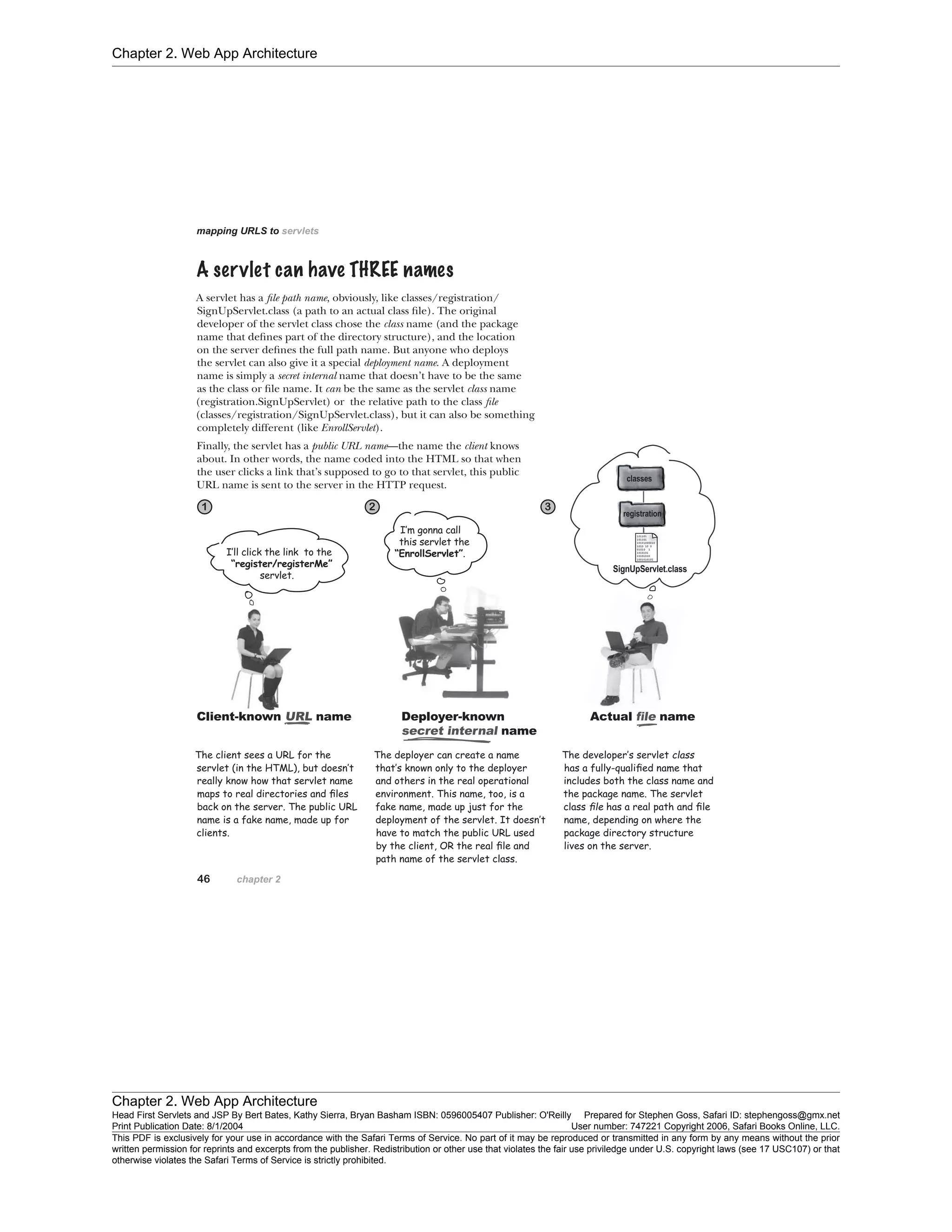 Chapter 2. Web App Architecture
Chapter 2. Web App Architecture
Head First Servlets and JSP By Bert Bates, Kathy Sierra, Bryan Basham ISBN: 0596005407 Publisher: O'Reilly Prepared for Stephen Goss, Safari ID: stephengoss@gmx.net
Print Publication Date: 8/1/2004 User number: 747221 Copyright 2006, Safari Books Online, LLC.
This PDF is exclusively for your use in accordance with the Safari Terms of Service. No part of it may be reproduced or transmitted in any form by any means without the prior
written permission for reprints and excerpts from the publisher. Redistribution or other use that violates the fair use priviledge under U.S. copyright laws (see 17 USC107) or that
otherwise violates the Safari Terms of Service is strictly prohibited.
 
