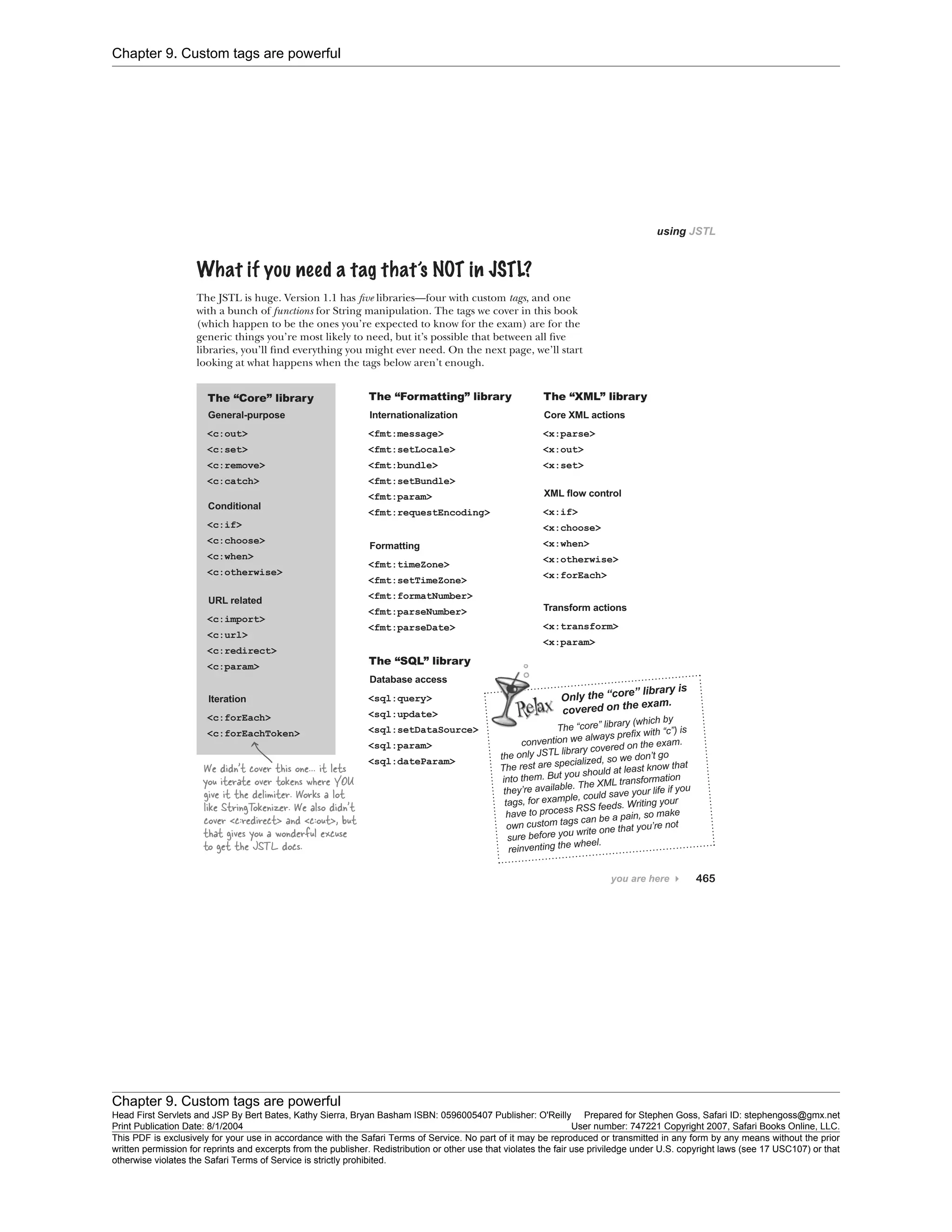 Chapter 9. Custom tags are powerful
Chapter 9. Custom tags are powerful
Head First Servlets and JSP By Bert Bates, Kathy Sierra, Bryan Basham ISBN: 0596005407 Publisher: O'Reilly Prepared for Stephen Goss, Safari ID: stephengoss@gmx.net
Print Publication Date: 8/1/2004 User number: 747221 Copyright 2007, Safari Books Online, LLC.
This PDF is exclusively for your use in accordance with the Safari Terms of Service. No part of it may be reproduced or transmitted in any form by any means without the prior
written permission for reprints and excerpts from the publisher. Redistribution or other use that violates the fair use priviledge under U.S. copyright laws (see 17 USC107) or that
otherwise violates the Safari Terms of Service is strictly prohibited.
 