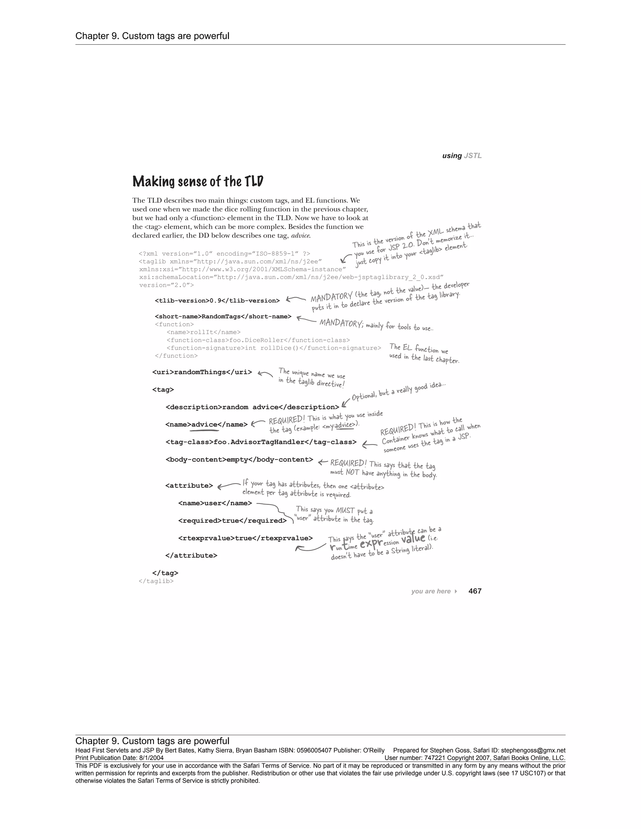 Chapter 9. Custom tags are powerful
Chapter 9. Custom tags are powerful
Head First Servlets and JSP By Bert Bates, Kathy Sierra, Bryan Basham ISBN: 0596005407 Publisher: O'Reilly Prepared for Stephen Goss, Safari ID: stephengoss@gmx.net
Print Publication Date: 8/1/2004 User number: 747221 Copyright 2007, Safari Books Online, LLC.
This PDF is exclusively for your use in accordance with the Safari Terms of Service. No part of it may be reproduced or transmitted in any form by any means without the prior
written permission for reprints and excerpts from the publisher. Redistribution or other use that violates the fair use priviledge under U.S. copyright laws (see 17 USC107) or that
otherwise violates the Safari Terms of Service is strictly prohibited.
 