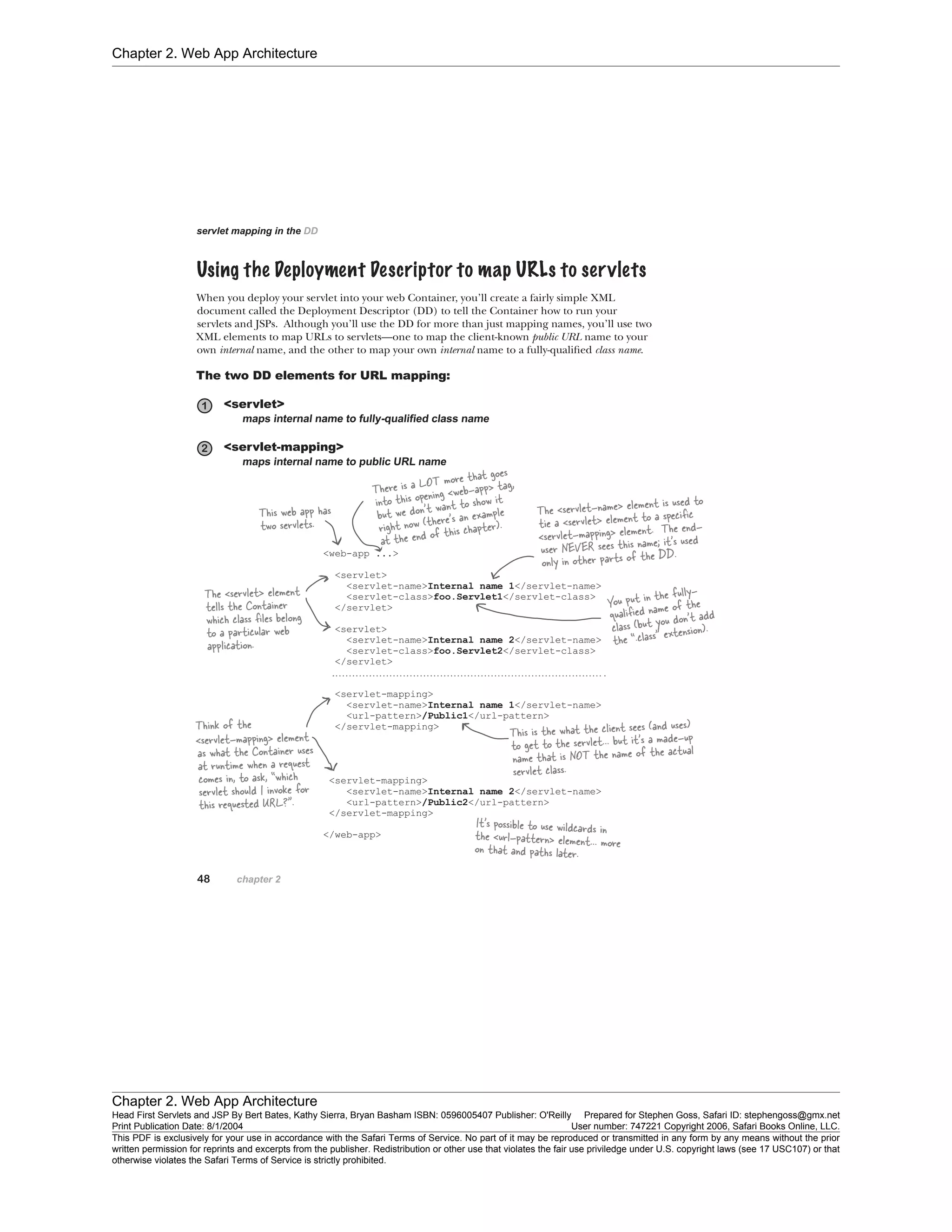 Chapter 2. Web App Architecture
Chapter 2. Web App Architecture
Head First Servlets and JSP By Bert Bates, Kathy Sierra, Bryan Basham ISBN: 0596005407 Publisher: O'Reilly Prepared for Stephen Goss, Safari ID: stephengoss@gmx.net
Print Publication Date: 8/1/2004 User number: 747221 Copyright 2006, Safari Books Online, LLC.
This PDF is exclusively for your use in accordance with the Safari Terms of Service. No part of it may be reproduced or transmitted in any form by any means without the prior
written permission for reprints and excerpts from the publisher. Redistribution or other use that violates the fair use priviledge under U.S. copyright laws (see 17 USC107) or that
otherwise violates the Safari Terms of Service is strictly prohibited.
 