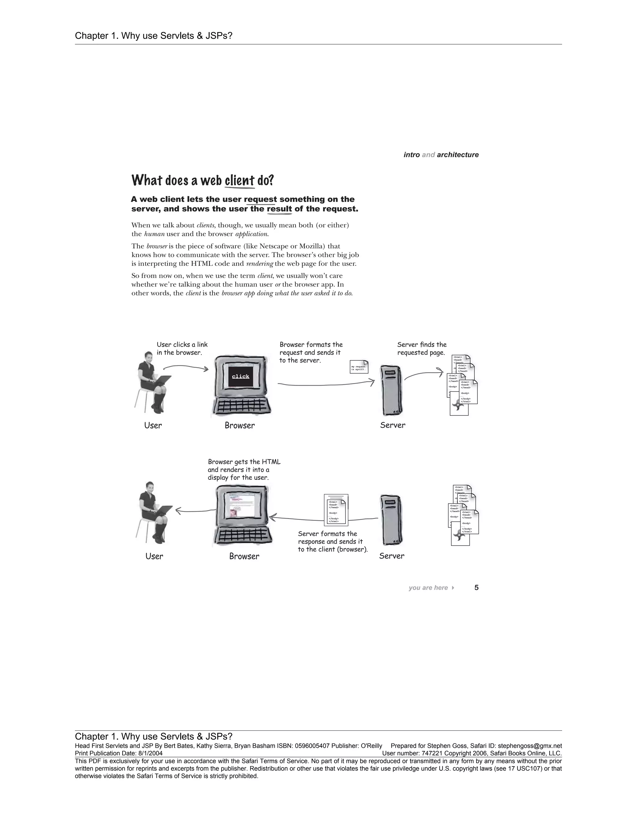 Chapter 1. Why use Servlets & JSPs?
Chapter 1. Why use Servlets & JSPs?
Head First Servlets and JSP By Bert Bates, Kathy Sierra, Bryan Basham ISBN: 0596005407 Publisher: O'Reilly Prepared for Stephen Goss, Safari ID: stephengoss@gmx.net
Print Publication Date: 8/1/2004 User number: 747221 Copyright 2006, Safari Books Online, LLC.
This PDF is exclusively for your use in accordance with the Safari Terms of Service. No part of it may be reproduced or transmitted in any form by any means without the prior
written permission for reprints and excerpts from the publisher. Redistribution or other use that violates the fair use priviledge under U.S. copyright laws (see 17 USC107) or that
otherwise violates the Safari Terms of Service is strictly prohibited.
 