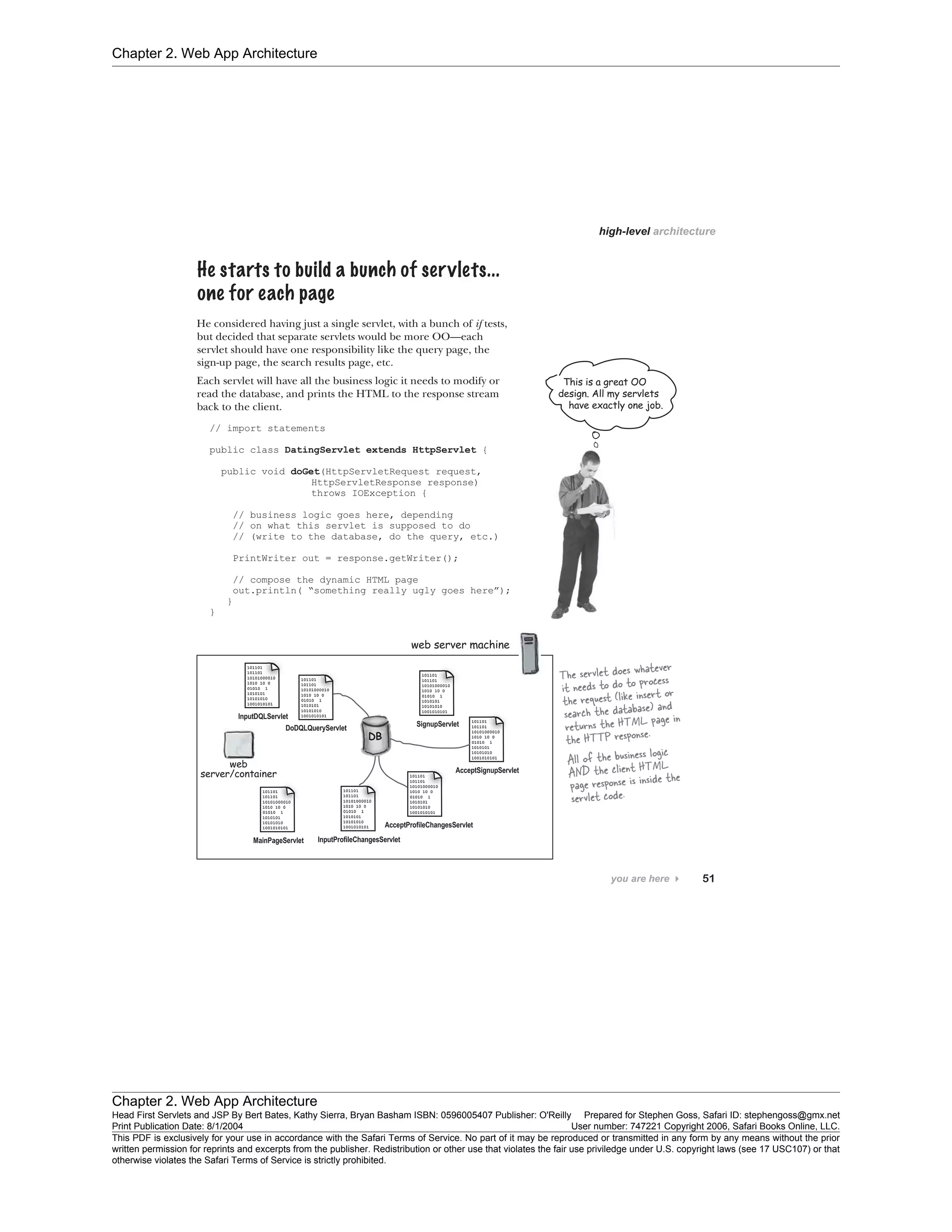 Chapter 2. Web App Architecture
Chapter 2. Web App Architecture
Head First Servlets and JSP By Bert Bates, Kathy Sierra, Bryan Basham ISBN: 0596005407 Publisher: O'Reilly Prepared for Stephen Goss, Safari ID: stephengoss@gmx.net
Print Publication Date: 8/1/2004 User number: 747221 Copyright 2006, Safari Books Online, LLC.
This PDF is exclusively for your use in accordance with the Safari Terms of Service. No part of it may be reproduced or transmitted in any form by any means without the prior
written permission for reprints and excerpts from the publisher. Redistribution or other use that violates the fair use priviledge under U.S. copyright laws (see 17 USC107) or that
otherwise violates the Safari Terms of Service is strictly prohibited.
 
