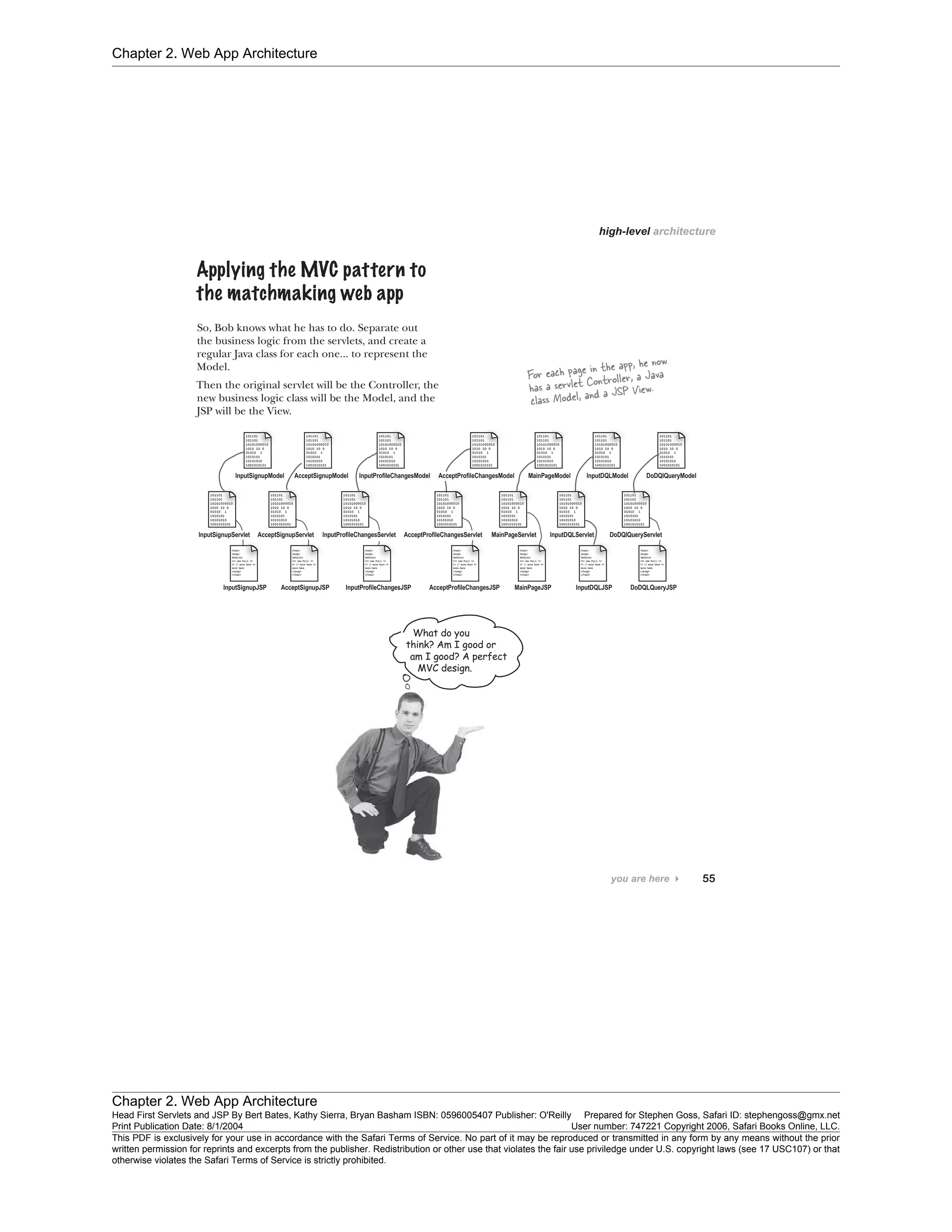 Chapter 2. Web App Architecture
Chapter 2. Web App Architecture
Head First Servlets and JSP By Bert Bates, Kathy Sierra, Bryan Basham ISBN: 0596005407 Publisher: O'Reilly Prepared for Stephen Goss, Safari ID: stephengoss@gmx.net
Print Publication Date: 8/1/2004 User number: 747221 Copyright 2006, Safari Books Online, LLC.
This PDF is exclusively for your use in accordance with the Safari Terms of Service. No part of it may be reproduced or transmitted in any form by any means without the prior
written permission for reprints and excerpts from the publisher. Redistribution or other use that violates the fair use priviledge under U.S. copyright laws (see 17 USC107) or that
otherwise violates the Safari Terms of Service is strictly prohibited.
 