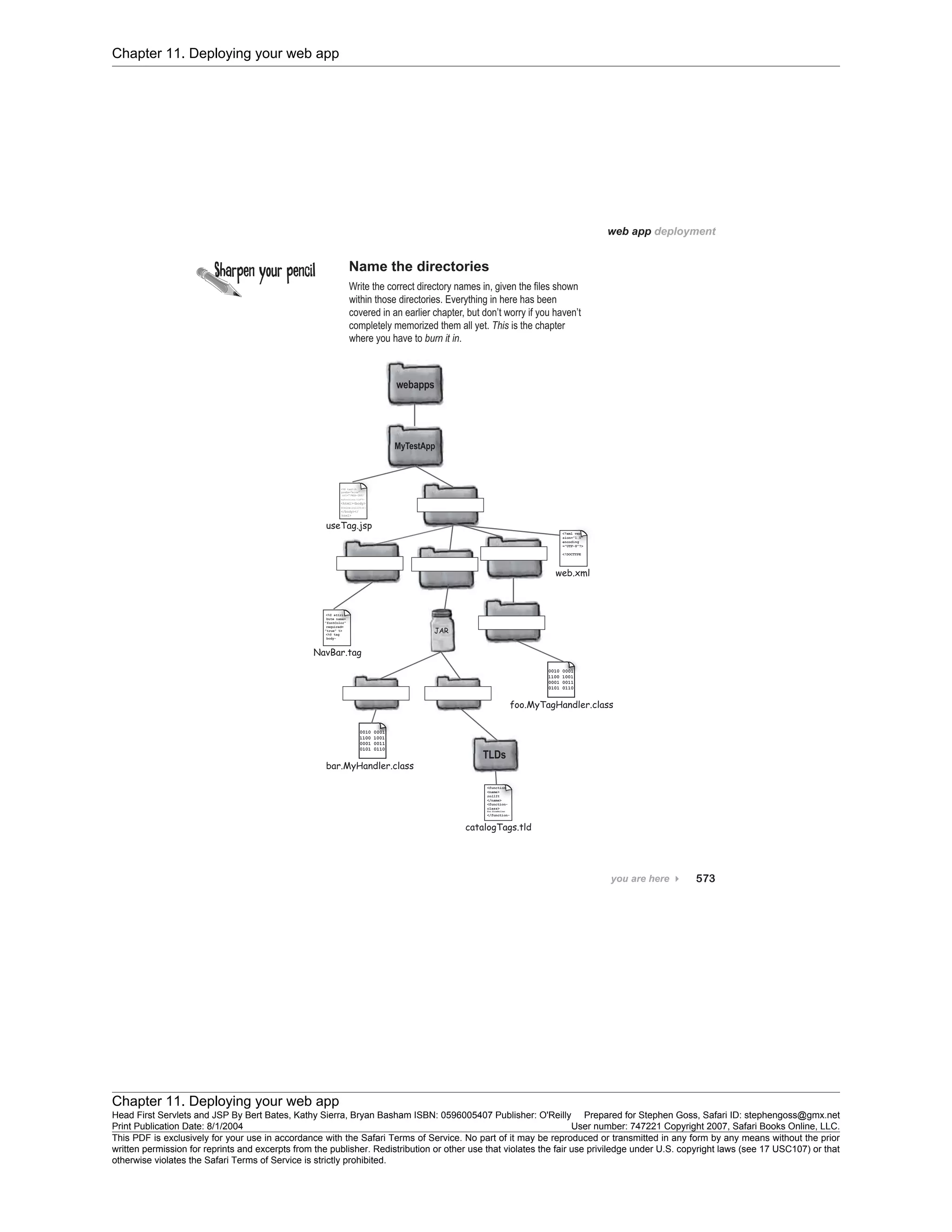Chapter 11. Deploying your web app
Chapter 11. Deploying your web app
Head First Servlets and JSP By Bert Bates, Kathy Sierra, Bryan Basham ISBN: 0596005407 Publisher: O'Reilly Prepared for Stephen Goss, Safari ID: stephengoss@gmx.net
Print Publication Date: 8/1/2004 User number: 747221 Copyright 2007, Safari Books Online, LLC.
This PDF is exclusively for your use in accordance with the Safari Terms of Service. No part of it may be reproduced or transmitted in any form by any means without the prior
written permission for reprints and excerpts from the publisher. Redistribution or other use that violates the fair use priviledge under U.S. copyright laws (see 17 USC107) or that
otherwise violates the Safari Terms of Service is strictly prohibited.
 