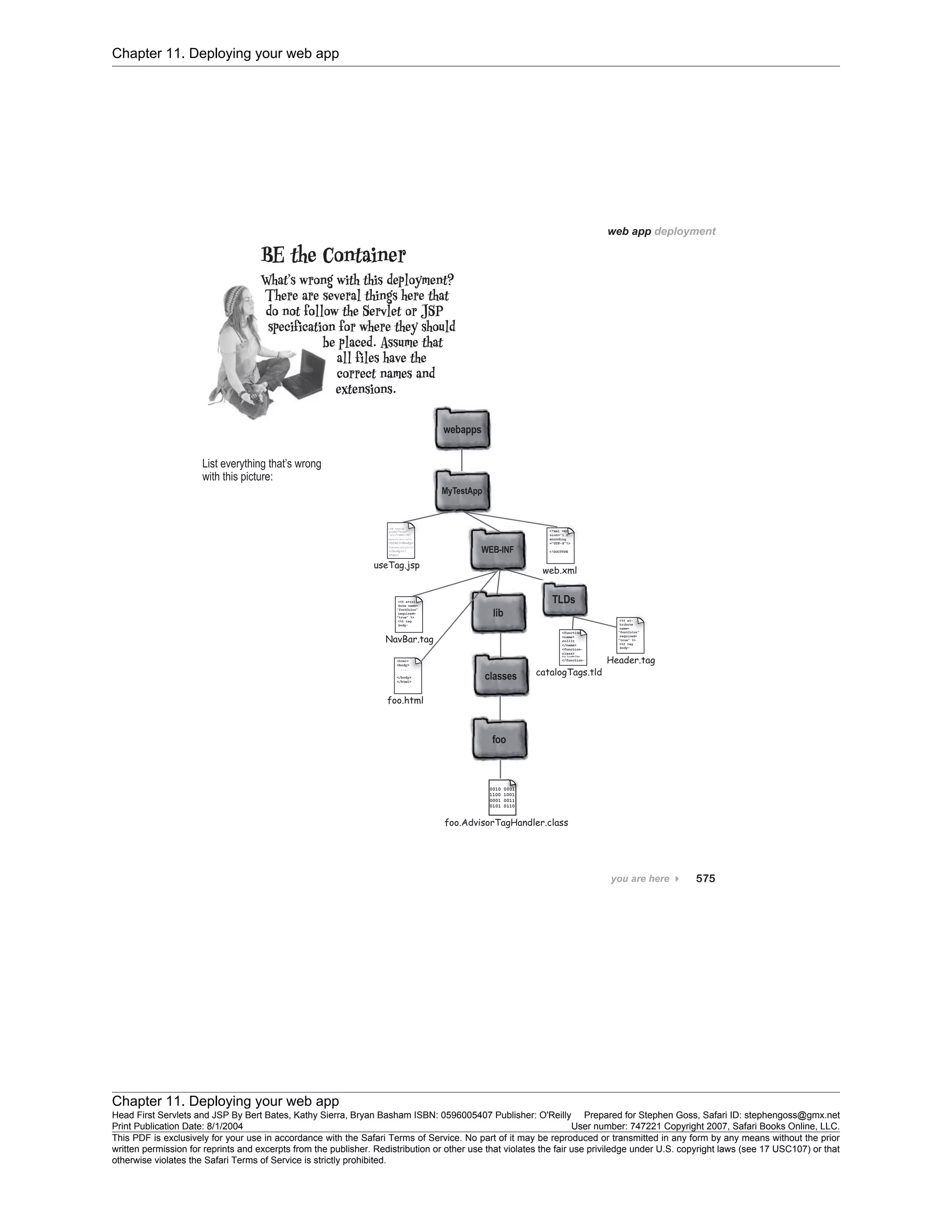 Chapter 11. Deploying your web app
Chapter 11. Deploying your web app
Head First Servlets and JSP By Bert Bates, Kathy Sierra, Bryan Basham ISBN: 0596005407 Publisher: O'Reilly Prepared for Stephen Goss, Safari ID: stephengoss@gmx.net
Print Publication Date: 8/1/2004 User number: 747221 Copyright 2007, Safari Books Online, LLC.
This PDF is exclusively for your use in accordance with the Safari Terms of Service. No part of it may be reproduced or transmitted in any form by any means without the prior
written permission for reprints and excerpts from the publisher. Redistribution or other use that violates the fair use priviledge under U.S. copyright laws (see 17 USC107) or that
otherwise violates the Safari Terms of Service is strictly prohibited.
 