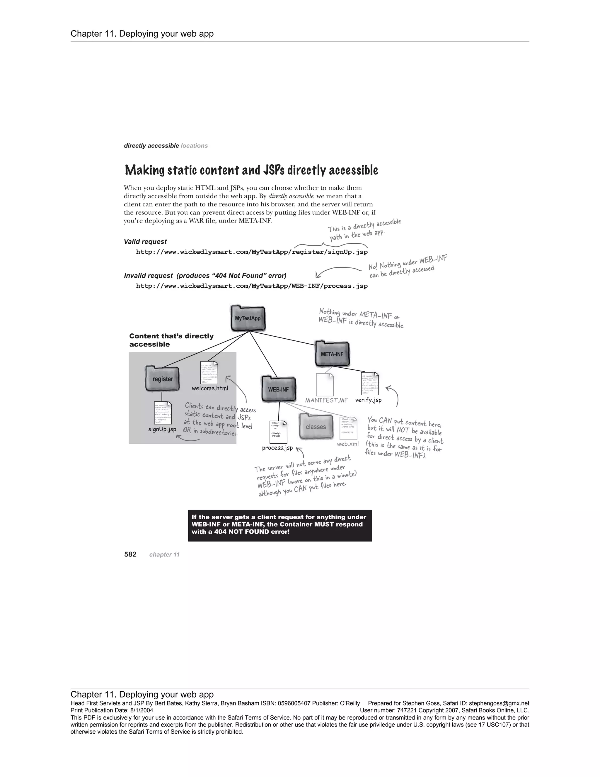 Chapter 11. Deploying your web app
Chapter 11. Deploying your web app
Head First Servlets and JSP By Bert Bates, Kathy Sierra, Bryan Basham ISBN: 0596005407 Publisher: O'Reilly Prepared for Stephen Goss, Safari ID: stephengoss@gmx.net
Print Publication Date: 8/1/2004 User number: 747221 Copyright 2007, Safari Books Online, LLC.
This PDF is exclusively for your use in accordance with the Safari Terms of Service. No part of it may be reproduced or transmitted in any form by any means without the prior
written permission for reprints and excerpts from the publisher. Redistribution or other use that violates the fair use priviledge under U.S. copyright laws (see 17 USC107) or that
otherwise violates the Safari Terms of Service is strictly prohibited.
 