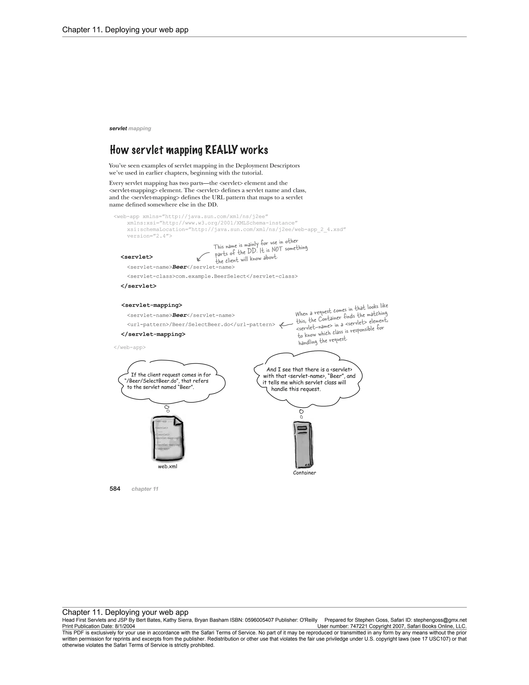 Chapter 11. Deploying your web app
Chapter 11. Deploying your web app
Head First Servlets and JSP By Bert Bates, Kathy Sierra, Bryan Basham ISBN: 0596005407 Publisher: O'Reilly Prepared for Stephen Goss, Safari ID: stephengoss@gmx.net
Print Publication Date: 8/1/2004 User number: 747221 Copyright 2007, Safari Books Online, LLC.
This PDF is exclusively for your use in accordance with the Safari Terms of Service. No part of it may be reproduced or transmitted in any form by any means without the prior
written permission for reprints and excerpts from the publisher. Redistribution or other use that violates the fair use priviledge under U.S. copyright laws (see 17 USC107) or that
otherwise violates the Safari Terms of Service is strictly prohibited.
 