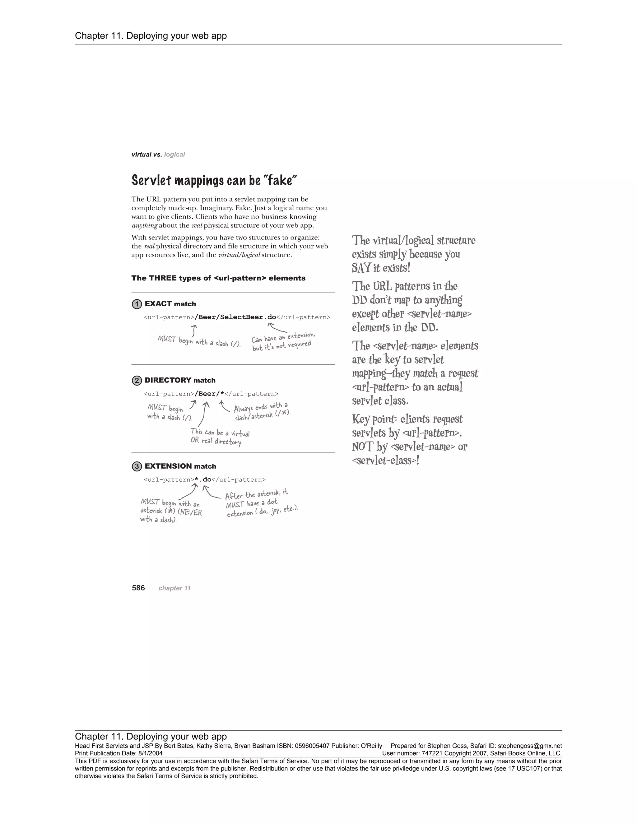 Chapter 11. Deploying your web app
Chapter 11. Deploying your web app
Head First Servlets and JSP By Bert Bates, Kathy Sierra, Bryan Basham ISBN: 0596005407 Publisher: O'Reilly Prepared for Stephen Goss, Safari ID: stephengoss@gmx.net
Print Publication Date: 8/1/2004 User number: 747221 Copyright 2007, Safari Books Online, LLC.
This PDF is exclusively for your use in accordance with the Safari Terms of Service. No part of it may be reproduced or transmitted in any form by any means without the prior
written permission for reprints and excerpts from the publisher. Redistribution or other use that violates the fair use priviledge under U.S. copyright laws (see 17 USC107) or that
otherwise violates the Safari Terms of Service is strictly prohibited.
 