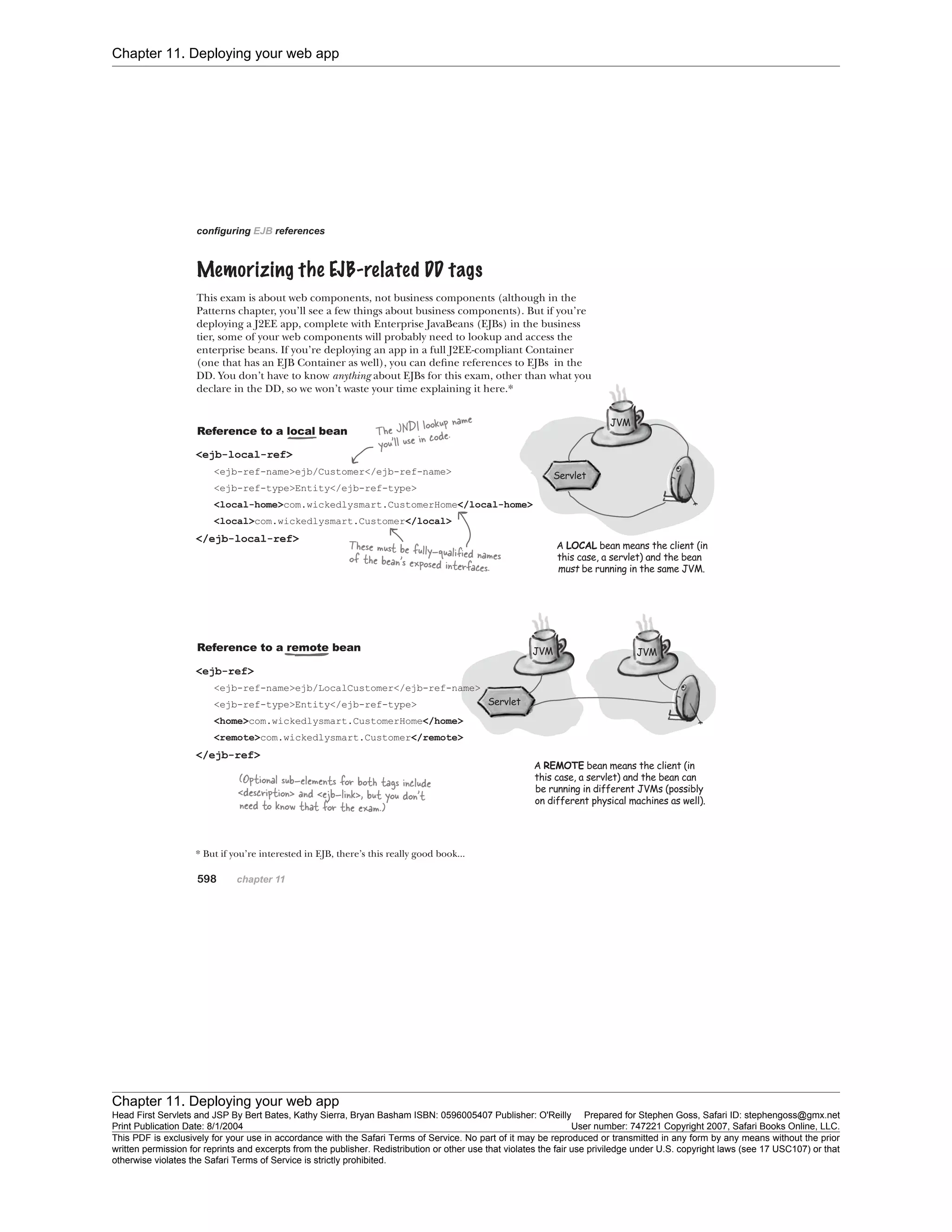 Chapter 11. Deploying your web app
Chapter 11. Deploying your web app
Head First Servlets and JSP By Bert Bates, Kathy Sierra, Bryan Basham ISBN: 0596005407 Publisher: O'Reilly Prepared for Stephen Goss, Safari ID: stephengoss@gmx.net
Print Publication Date: 8/1/2004 User number: 747221 Copyright 2007, Safari Books Online, LLC.
This PDF is exclusively for your use in accordance with the Safari Terms of Service. No part of it may be reproduced or transmitted in any form by any means without the prior
written permission for reprints and excerpts from the publisher. Redistribution or other use that violates the fair use priviledge under U.S. copyright laws (see 17 USC107) or that
otherwise violates the Safari Terms of Service is strictly prohibited.
 
