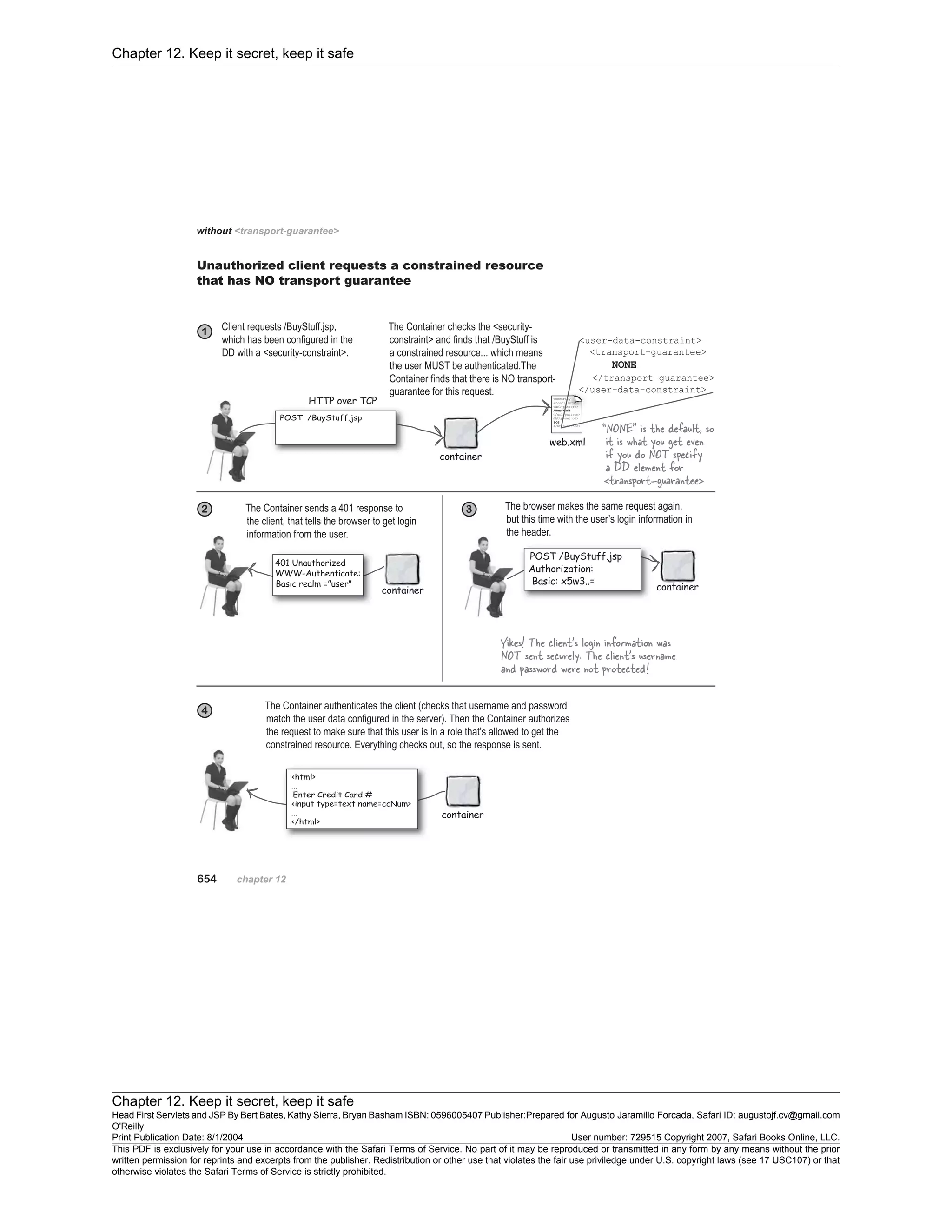 Chapter 12. Keep it secret, keep it safe
Chapter 12. Keep it secret, keep it safe
Head First Servlets and JSP By Bert Bates, Kathy Sierra, Bryan Basham ISBN: 0596005407 Publisher:
O'Reilly
Prepared for Augusto Jaramillo Forcada, Safari ID: augustojf.cv@gmail.com
Print Publication Date: 8/1/2004 User number: 729515 Copyright 2007, Safari Books Online, LLC.
This PDF is exclusively for your use in accordance with the Safari Terms of Service. No part of it may be reproduced or transmitted in any form by any means without the prior
written permission for reprints and excerpts from the publisher. Redistribution or other use that violates the fair use priviledge under U.S. copyright laws (see 17 USC107) or that
otherwise violates the Safari Terms of Service is strictly prohibited.
 