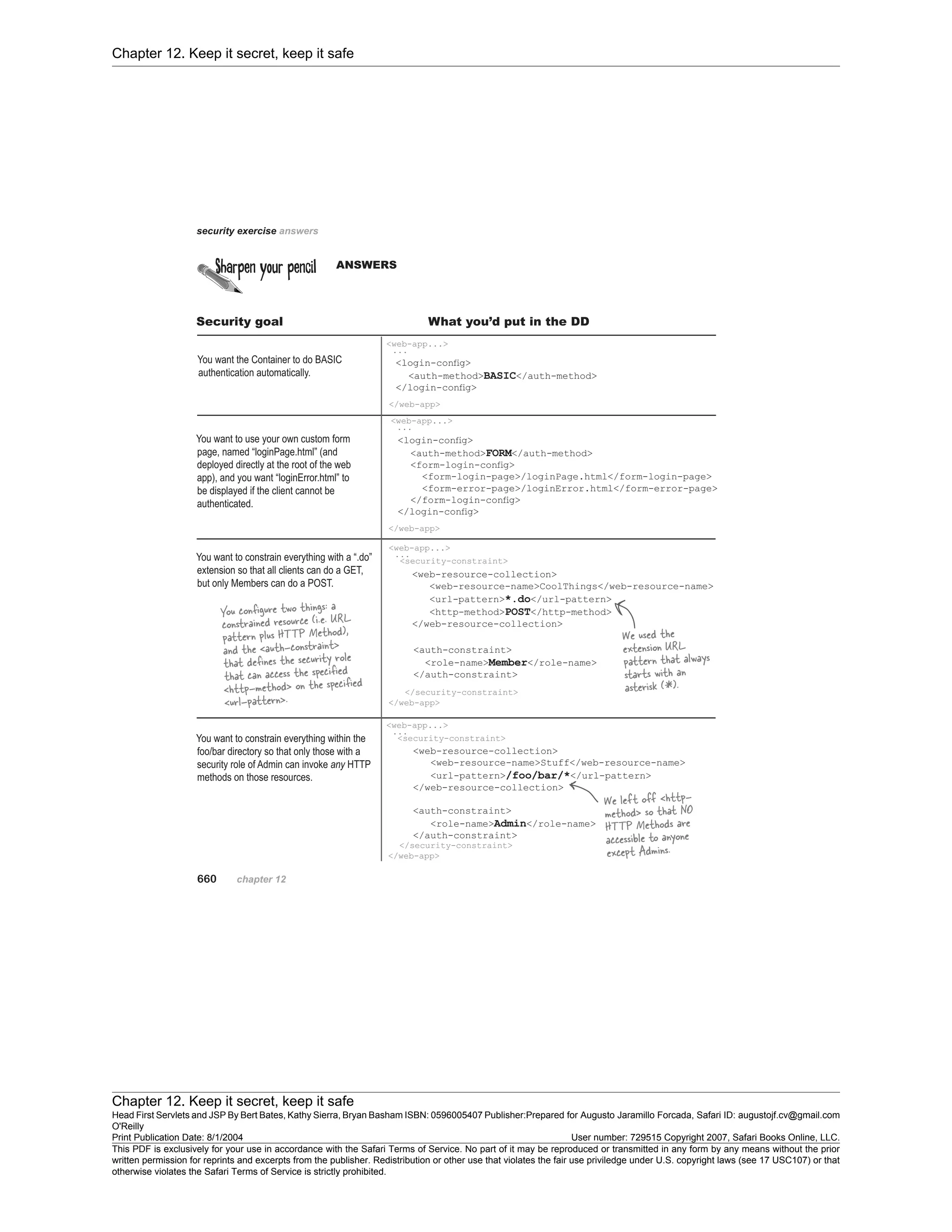 Chapter 12. Keep it secret, keep it safe
Chapter 12. Keep it secret, keep it safe
Head First Servlets and JSP By Bert Bates, Kathy Sierra, Bryan Basham ISBN: 0596005407 Publisher:
O'Reilly
Prepared for Augusto Jaramillo Forcada, Safari ID: augustojf.cv@gmail.com
Print Publication Date: 8/1/2004 User number: 729515 Copyright 2007, Safari Books Online, LLC.
This PDF is exclusively for your use in accordance with the Safari Terms of Service. No part of it may be reproduced or transmitted in any form by any means without the prior
written permission for reprints and excerpts from the publisher. Redistribution or other use that violates the fair use priviledge under U.S. copyright laws (see 17 USC107) or that
otherwise violates the Safari Terms of Service is strictly prohibited.
 