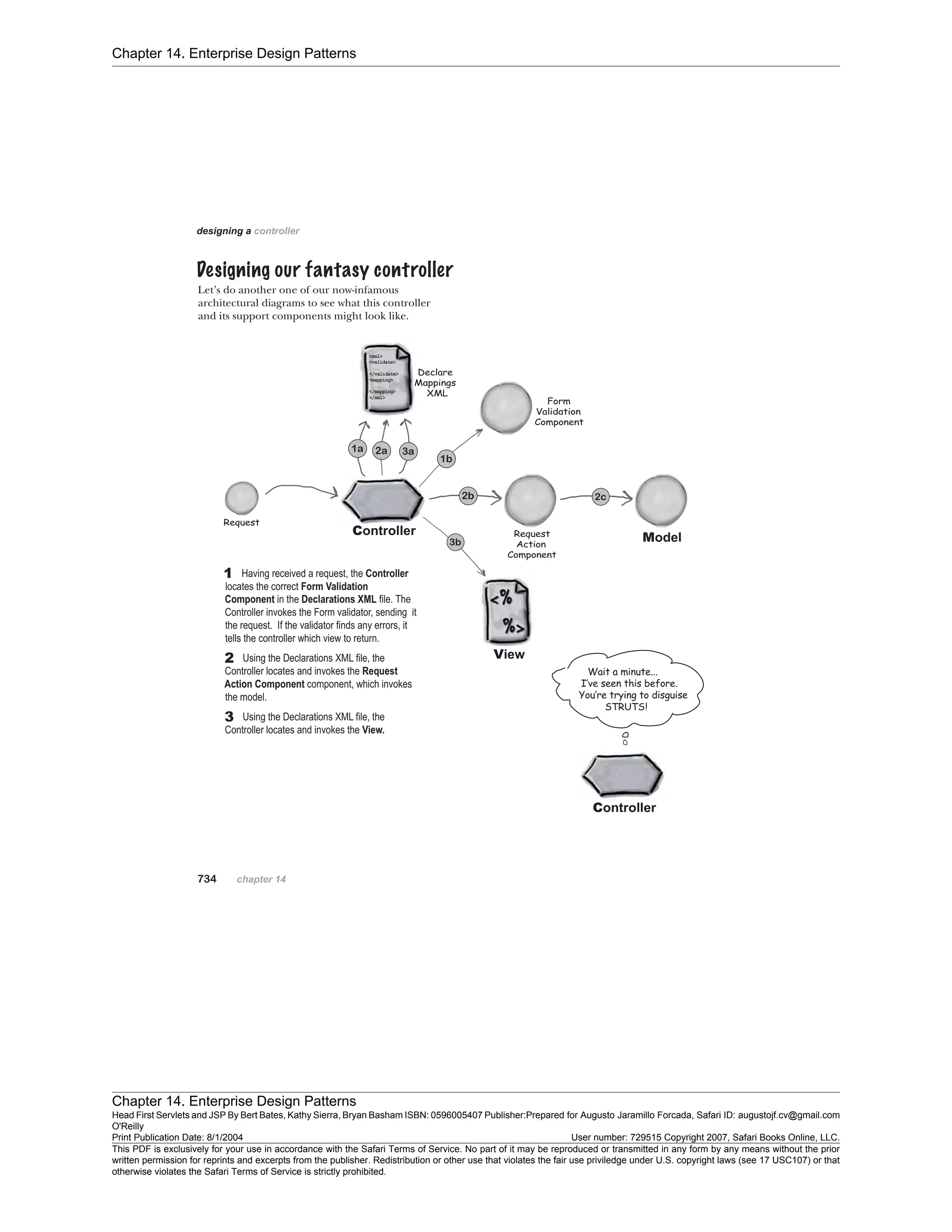 Chapter 14. Enterprise Design Patterns
Chapter 14. Enterprise Design Patterns
Head First Servlets and JSP By Bert Bates, Kathy Sierra, Bryan Basham ISBN: 0596005407 Publisher:
O'Reilly
Prepared for Augusto Jaramillo Forcada, Safari ID: augustojf.cv@gmail.com
Print Publication Date: 8/1/2004 User number: 729515 Copyright 2007, Safari Books Online, LLC.
This PDF is exclusively for your use in accordance with the Safari Terms of Service. No part of it may be reproduced or transmitted in any form by any means without the prior
written permission for reprints and excerpts from the publisher. Redistribution or other use that violates the fair use priviledge under U.S. copyright laws (see 17 USC107) or that
otherwise violates the Safari Terms of Service is strictly prohibited.
 
