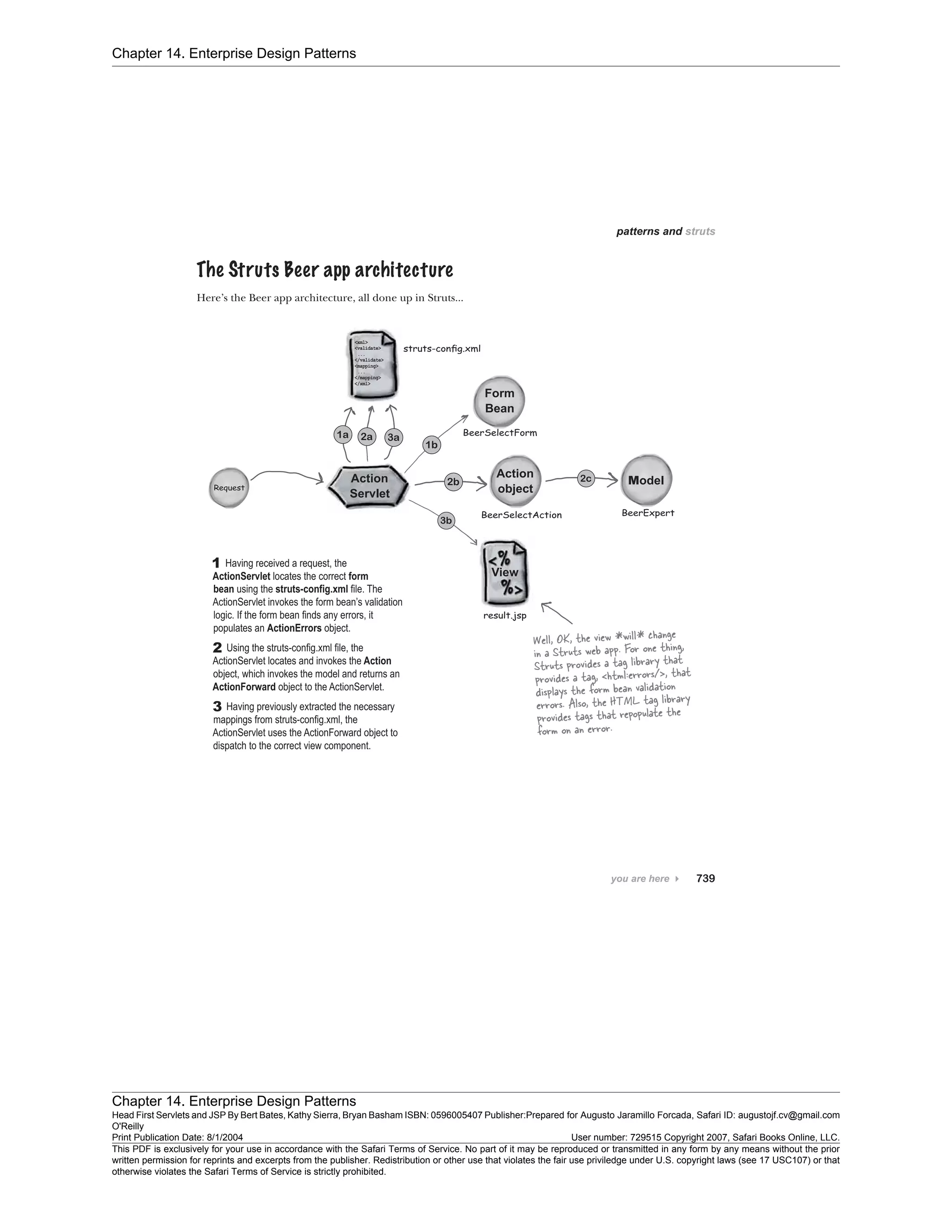 Chapter 14. Enterprise Design Patterns
Chapter 14. Enterprise Design Patterns
Head First Servlets and JSP By Bert Bates, Kathy Sierra, Bryan Basham ISBN: 0596005407 Publisher:
O'Reilly
Prepared for Augusto Jaramillo Forcada, Safari ID: augustojf.cv@gmail.com
Print Publication Date: 8/1/2004 User number: 729515 Copyright 2007, Safari Books Online, LLC.
This PDF is exclusively for your use in accordance with the Safari Terms of Service. No part of it may be reproduced or transmitted in any form by any means without the prior
written permission for reprints and excerpts from the publisher. Redistribution or other use that violates the fair use priviledge under U.S. copyright laws (see 17 USC107) or that
otherwise violates the Safari Terms of Service is strictly prohibited.
 