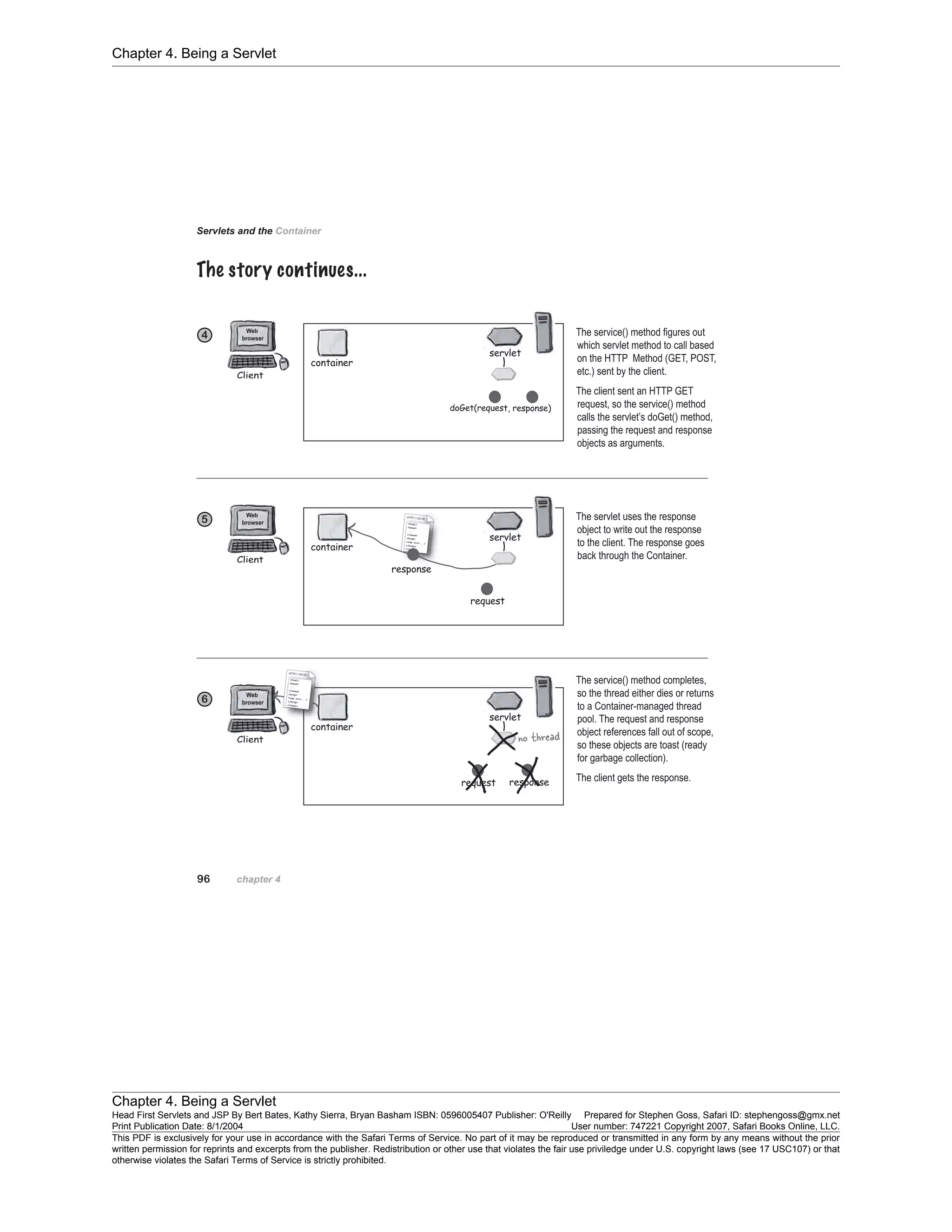 Chapter 4. Being a Servlet
Chapter 4. Being a Servlet
Head First Servlets and JSP By Bert Bates, Kathy Sierra, Bryan Basham ISBN: 0596005407 Publisher: O'Reilly Prepared for Stephen Goss, Safari ID: stephengoss@gmx.net
Print Publication Date: 8/1/2004 User number: 747221 Copyright 2007, Safari Books Online, LLC.
This PDF is exclusively for your use in accordance with the Safari Terms of Service. No part of it may be reproduced or transmitted in any form by any means without the prior
written permission for reprints and excerpts from the publisher. Redistribution or other use that violates the fair use priviledge under U.S. copyright laws (see 17 USC107) or that
otherwise violates the Safari Terms of Service is strictly prohibited.
 