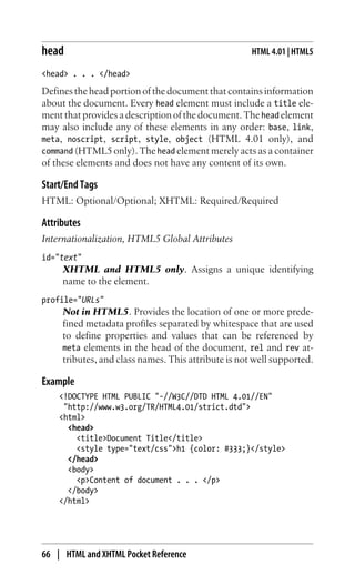 id="text"
XHTML and HTML5 only. Assigns a unique identifying
name to the element.
manifest="URL"
HTML5 only. Points to a c...