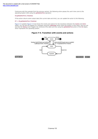 of Java, C++, C#, or some other programming language.
Continuing with the example from the previous section, the following action passes the user's time zone to the
operating system (OS) using the getDateAndTime operation:
OS.getDateAndTime (TimeZone)
If this action returns some output data (the current date and time), you can update the action to the following:
DT := OS.getDateAndTime (TimeZone)
Figure 7-4 updates Figure 7-3 and shows the events and actions for the transitions between the Inactive and Active
states. You can see the logging of a message using the LogMessage action when the system is shut down, and you can
see that the Startup event triggers the retrieval of the date and time using the getDateAndTime action of the OS object,
which represents the operating system.
Figure 7-4. Transition with events and actions
Страница 130
This document is created with a trial version of CHM2PDF Pilot
http://www.colorpilot.com
 