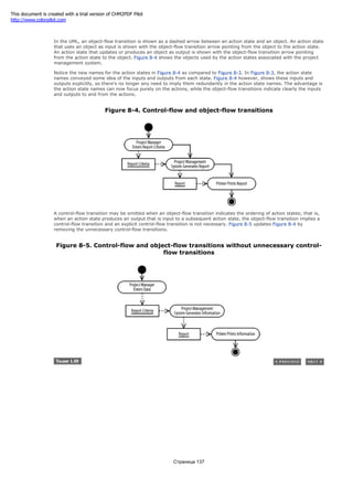 Inputs the Report object and may be renamed as the Printer Prints Information action state
In the UML, an object-flow transition is shown as a dashed arrow between an action state and an object. An action state
that uses an object as input is shown with the object-flow transition arrow pointing from the object to the action state.
An action state that updates or produces an object as output is shown with the object-flow transition arrow pointing
from the action state to the object. Figure 8-4 shows the objects used by the action states associated with the project
management system.
Notice the new names for the action states in Figure 8-4 as compared to Figure 8-3. In Figure 8-3, the action state
names conveyed some idea of the inputs and outputs from each state. Figure 8-4 however, shows these inputs and
outputs explicitly, so there's no longer any need to imply them redundantly in the action state names. The advantage is
the action state names can now focus purely on the actions, while the object-flow transitions indicate clearly the inputs
and outputs to and from the actions.
Figure 8-4. Control-flow and object-flow transitions
A control-flow transition may be omitted when an object-flow transition indicates the ordering of action states; that is,
when an action state produces an output that is input to a subsequent action state, the object-flow transition implies a
control-flow transition and an explicit control-flow transition is not necessary. Figure 8-5 updates Figure 8-4 by
removing the unnecessary control-flow transitions.
Figure 8-5. Control-flow and object-flow transitions without unnecessary control-
flow transitions
Страница 137
This document is created with a trial version of CHM2PDF Pilot
http://www.colorpilot.com
 