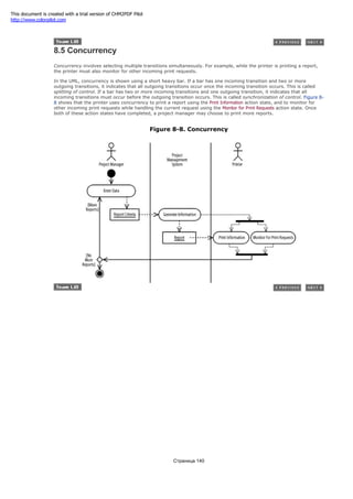 8.5 Concurrency
Concurrency involves selecting multiple transitions simultaneously. For example, while the printer is printing a report,
the printer must also monitor for other incoming print requests.
In the UML, concurrency is shown using a short heavy bar. If a bar has one incoming transition and two or more
outgoing transitions, it indicates that all outgoing transitions occur once the incoming transition occurs. This is called
splitting of control. If a bar has two or more incoming transitions and one outgoing transition, it indicates that all
incoming transitions must occur before the outgoing transition occurs. This is called synchronization of control. Figure 8-
8 shows that the printer uses concurrency to print a report using the Print Information action state, and to monitor for
other incoming print requests while handling the current request using the Monitor for Print Requests action state. Once
both of these action states have completed, a project manager may choose to print more reports.
Figure 8-8. Concurrency
Страница 140
This document is created with a trial version of CHM2PDF Pilot
http://www.colorpilot.com
 