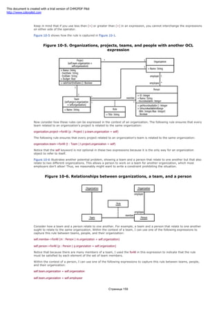 self.organization = self.team.organization
Keep in mind that if you use less than (<) or greater than (>) in an expression, you cannot interchange the expressions
on either side of the operator.
Figure 10-5 shows how the rule is captured in Figure 10-1.
Figure 10-5. Organizations, projects, teams, and people with another OCL
expression
Now consider how these rules can be expressed in the context of an organization. The following rule ensures that every
team related to an organization's project is related to the same organization:
organization.project->forAll (p : Project | p.team.organization = self)
The following rule ensures that every project related to an organization's team is related to the same organization:
organization.team->forAll (t : Team | t.project.organization = self)
Notice that the self keyword is not optional in these two expressions because it is the only way for an organization
object to refer to itself.
Figure 10-6 illustrates another potential problem, showing a team and a person that relate to one another but that also
relate to two different organizations. This allows a person to work on a team for another organization, which most
employers don't allow! Thus, we reasonably might want to write a constraint prohibiting the situation.
Figure 10-6. Relationships between organizations, a team, and a person
Consider how a team and a person relate to one another. For example, a team and a person that relate to one another
ought to relate to the same organization. Within the context of a team, I can use one of the following expressions to
capture this rule between teams, people, and their organization:
self.member->forAll (m : Person | m.organization = self.organization)
self.person->forAll (p : Person | p.organziation = self.organization)
Notice that because there are many members of a team, I used the forAll in this expression to indicate that the rule
must be satisfied by each element of the set of team members.
Within the context of a person, I can use one of the following expressions to capture this rule between teams, people,
and their organization:
self.team.organization = self.organization
self.team.organziation = self.employeer
Страница 159
This document is created with a trial version of CHM2PDF Pilot
http://www.colorpilot.com
 