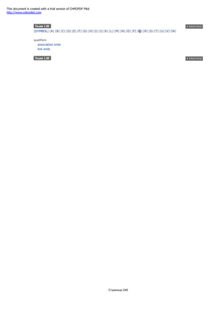 [SYMBOL] [A] [B] [C] [D] [E] [F] [G] [H] [I] [J] [K] [L] [M] [N] [O] [P] [Q] [R] [S] [T] [U] [V] [W]
qualifiers
association ends
link ends
Страница 246
This document is created with a trial version of CHM2PDF Pilot
http://www.colorpilot.com
 